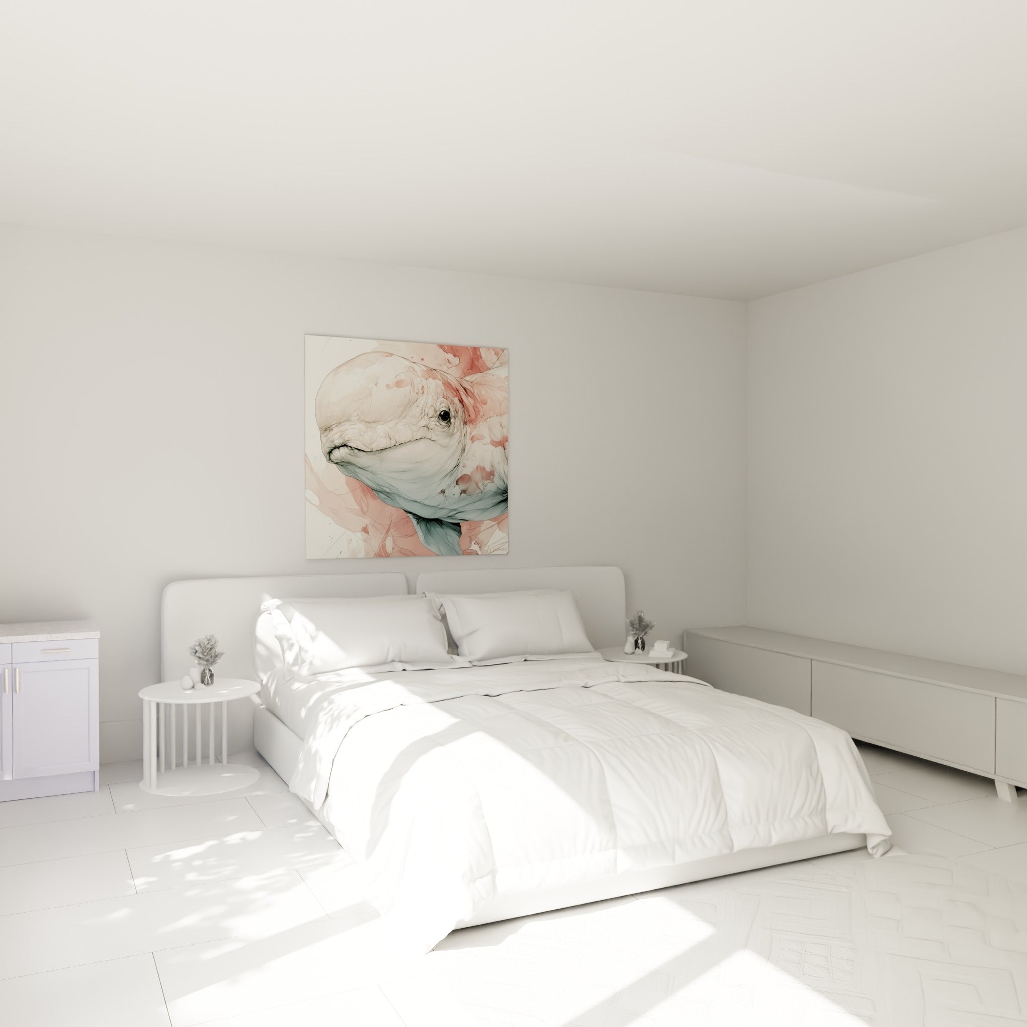 Beluga rose et bleu gris en aquarelle, accroché au-dessus d'un lit dans une chambre claire