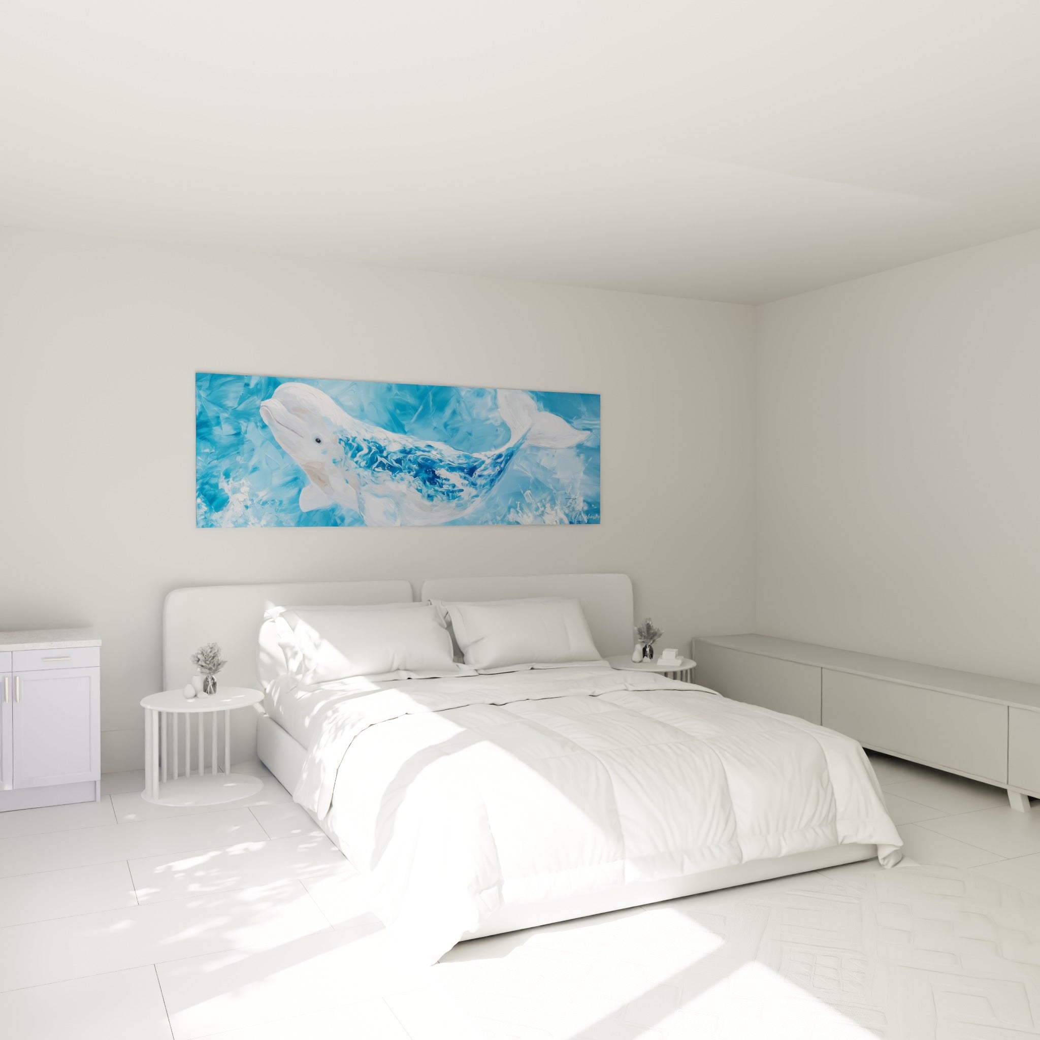 Nage paisible du beluga blanc et turquoise, tableau placé au-dessus d'un lit dans une chambre claire