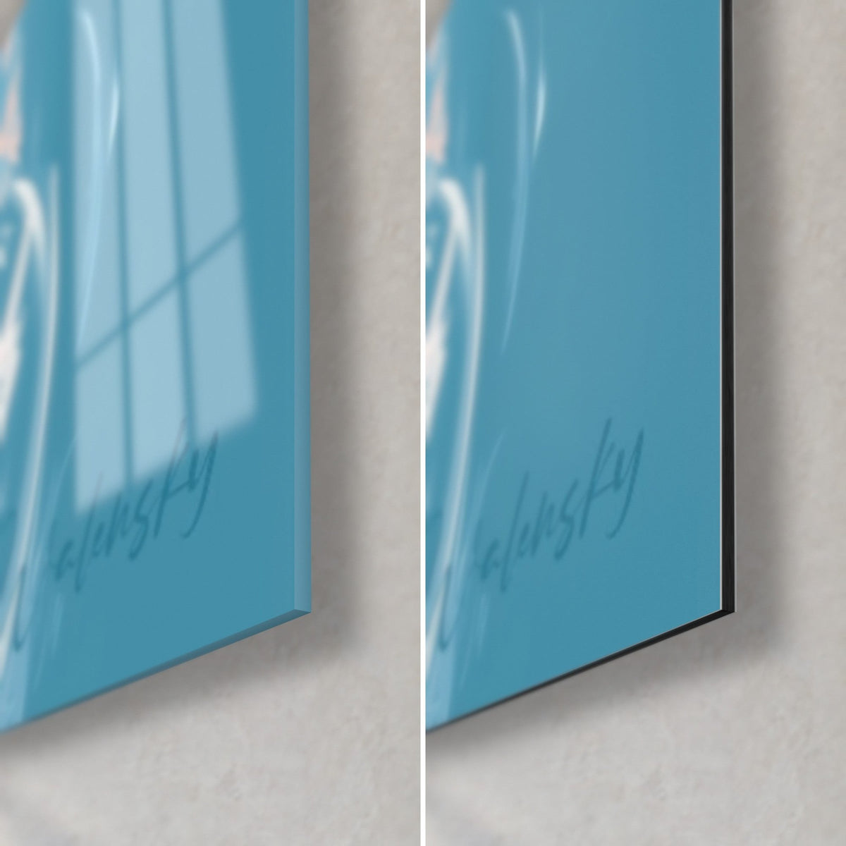 Tableau dauphin blanc en peinture, coin bas droit : verre acrylique brillant bleu sarcelle et Dibond noir mat, tranche 3 mm