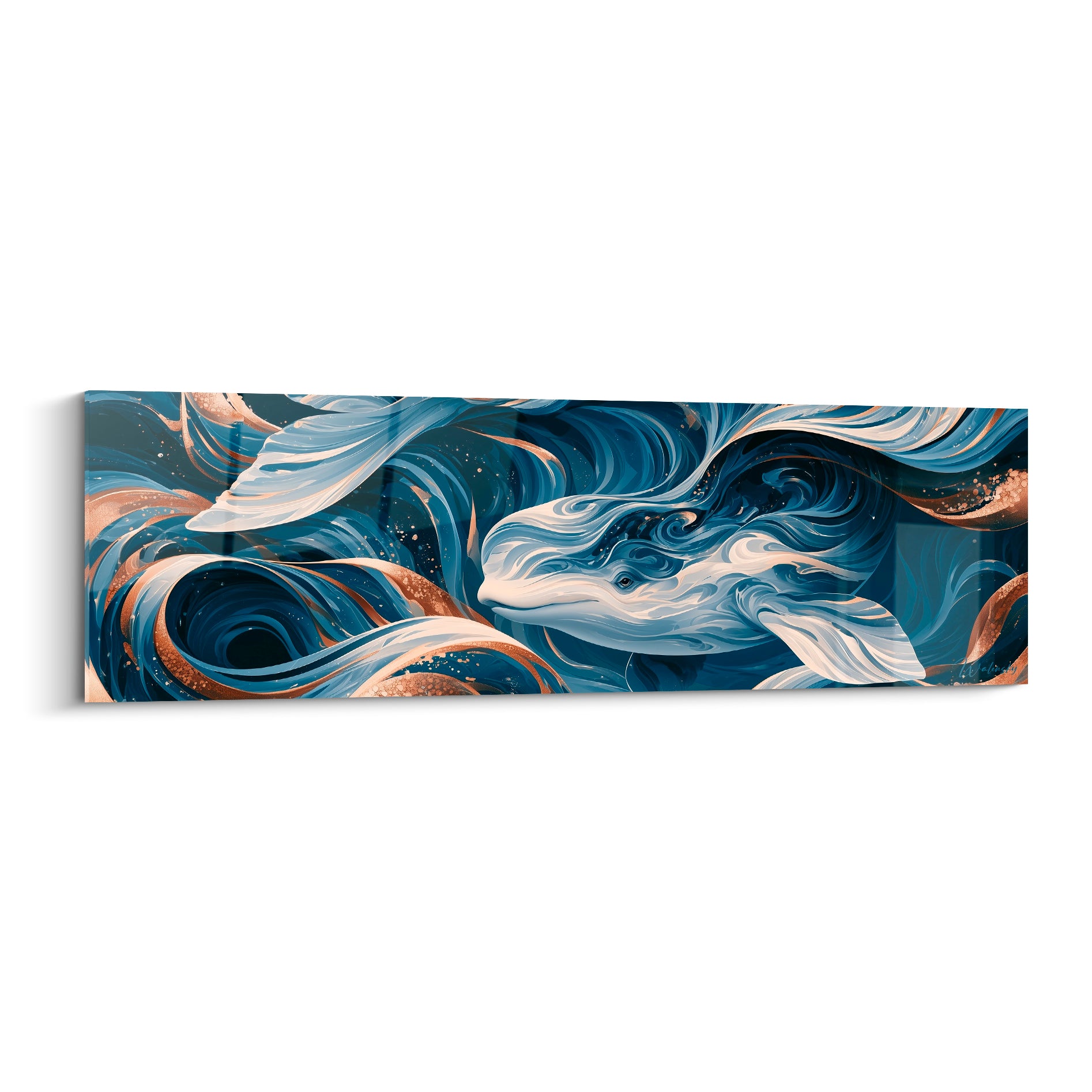 Beluga blanc cassé glissant dans des volutes bleu marine et cuivrées, style aquarelle fluide