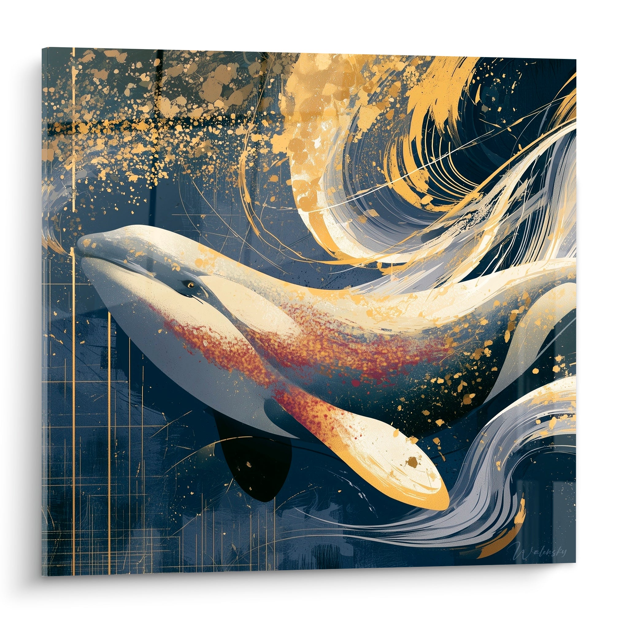 Beluga blanc et doré émergeant d'un tourbillon bleu marine et terracotta sur fond nocturne peint