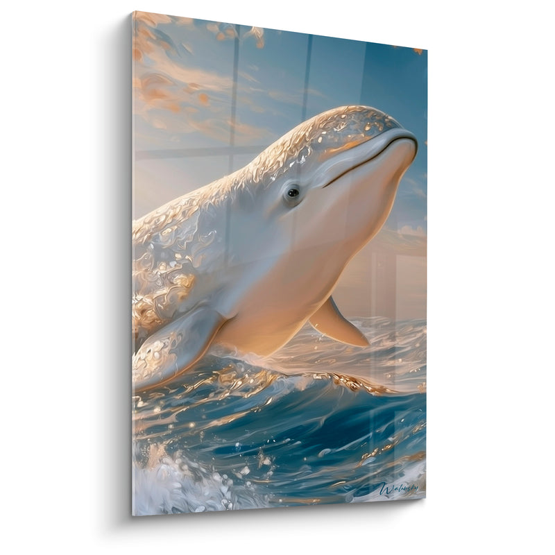 Tableau Beluga bleu marine et doré émergeant des vagues - Envol océanique - Edition Beluga