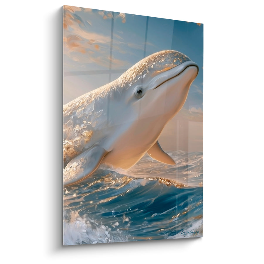 Tableau Beluga bleu marine et doré émergeant des vagues - Envol océanique - Edition Beluga