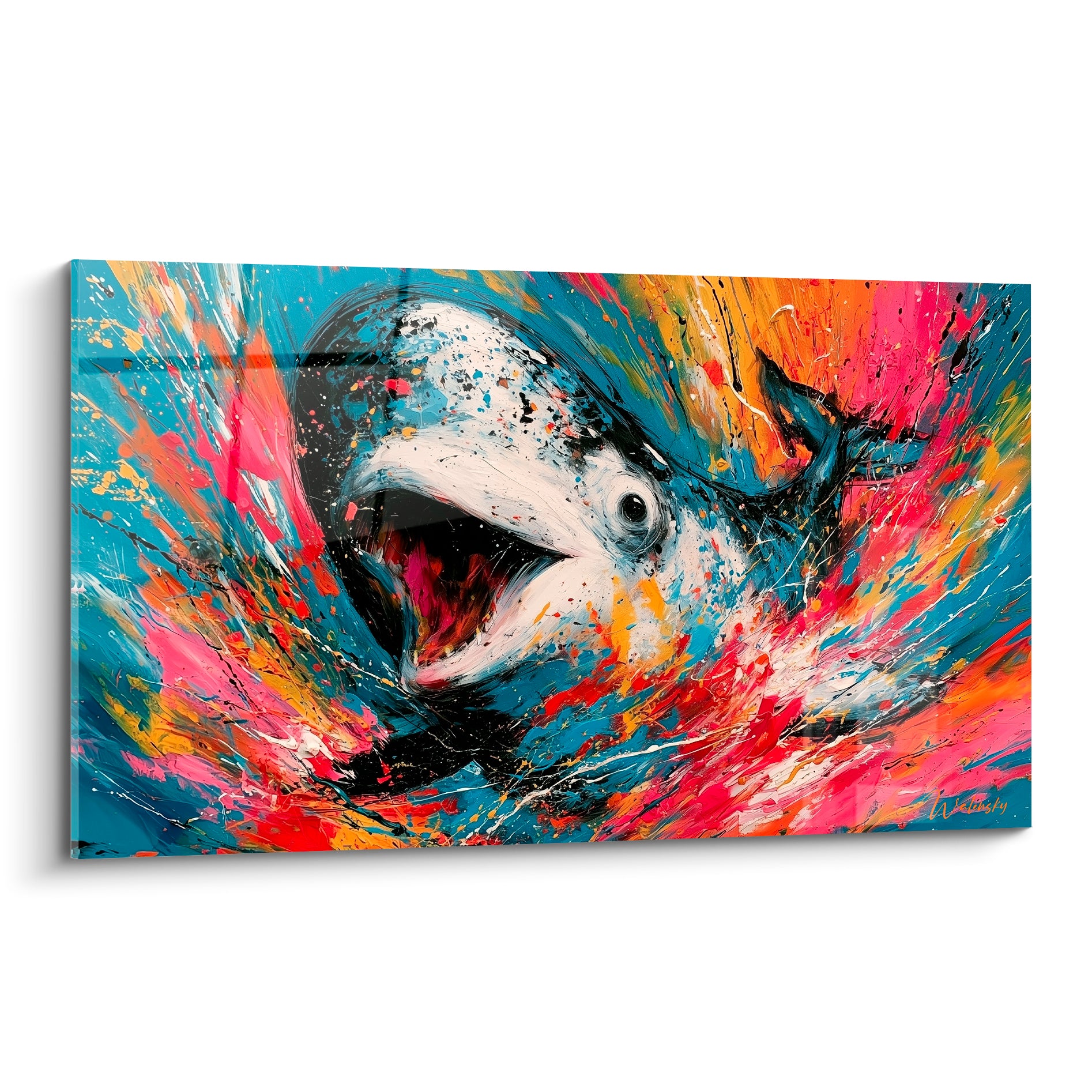 Beluga bouche ouverte cerné de bleu marine et rose fuchsia dans un tourbillon de peinture éclaboussée