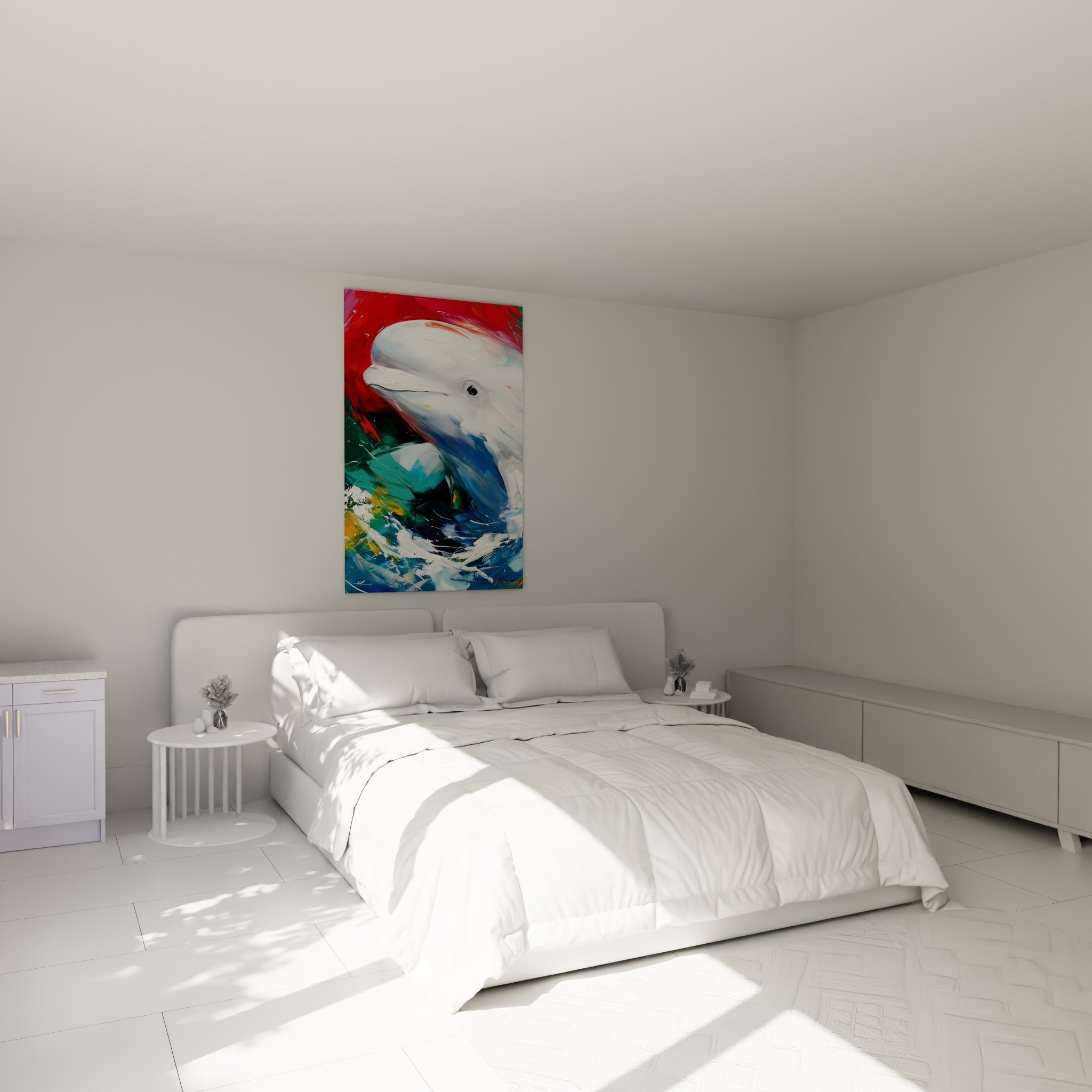 Mammifère marin blanc et bleu marine surgissant, accroché au-dessus d'un lit dans une chambre claire