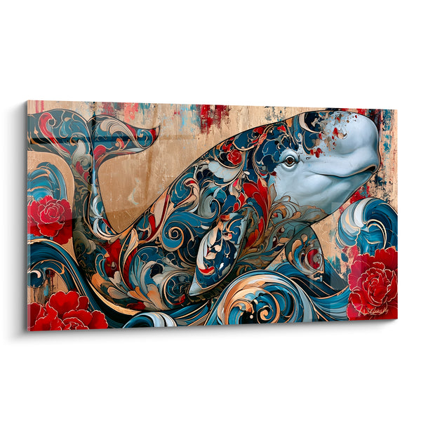 Leinwand Beluga Blau Marine und Rot unter Pfingstrosen - Östliche Gezeiten - Beluga Edition
