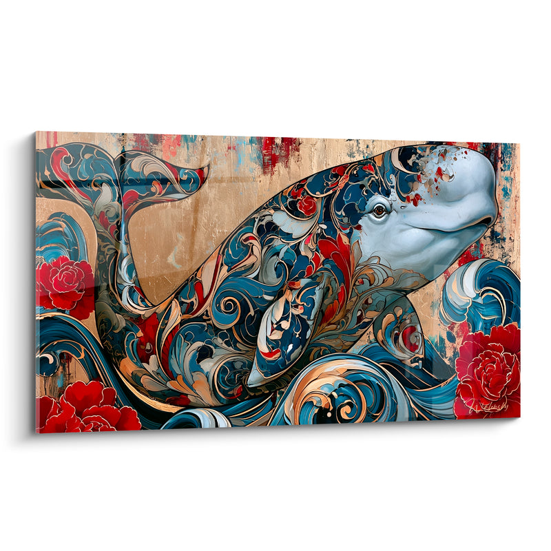 Tableau Beluga bleu marine et rouge parmi les pivoines - Marée orientale - Edition Beluga