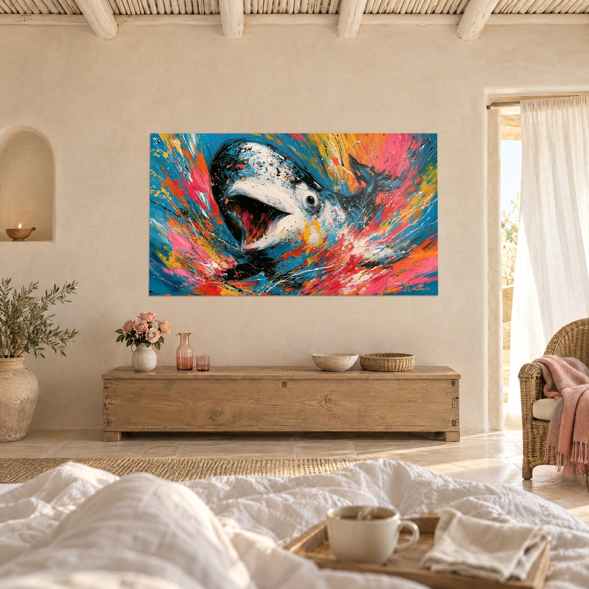 Tableau baleine blanche au regard rond, fond turquoise strié de rose et d'orange, au-dessus d'un lit dans une chambre claire