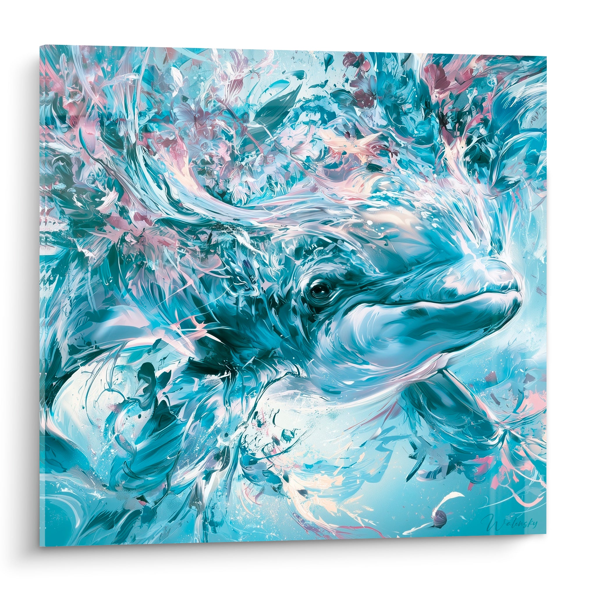Béluga au regard sombre émergeant d'un tourbillon bleu marine et rose poudré