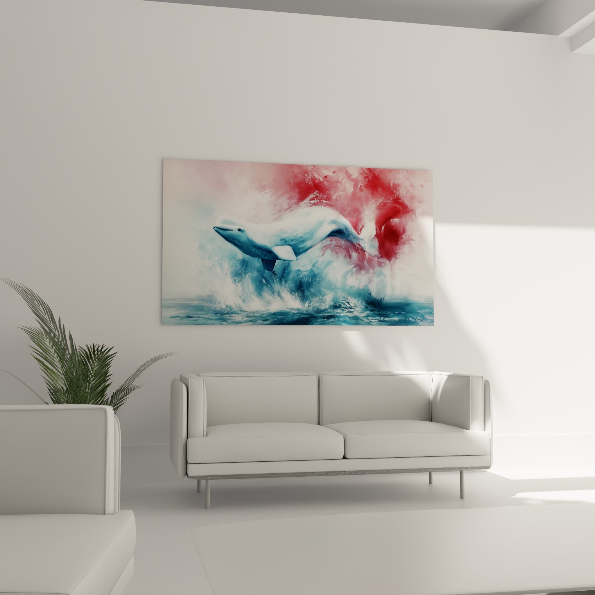 Cétacé bleu marine en plein saut, écume blanche et flamboiement rouge, au-dessus d'un canapé dans un salon lumineux