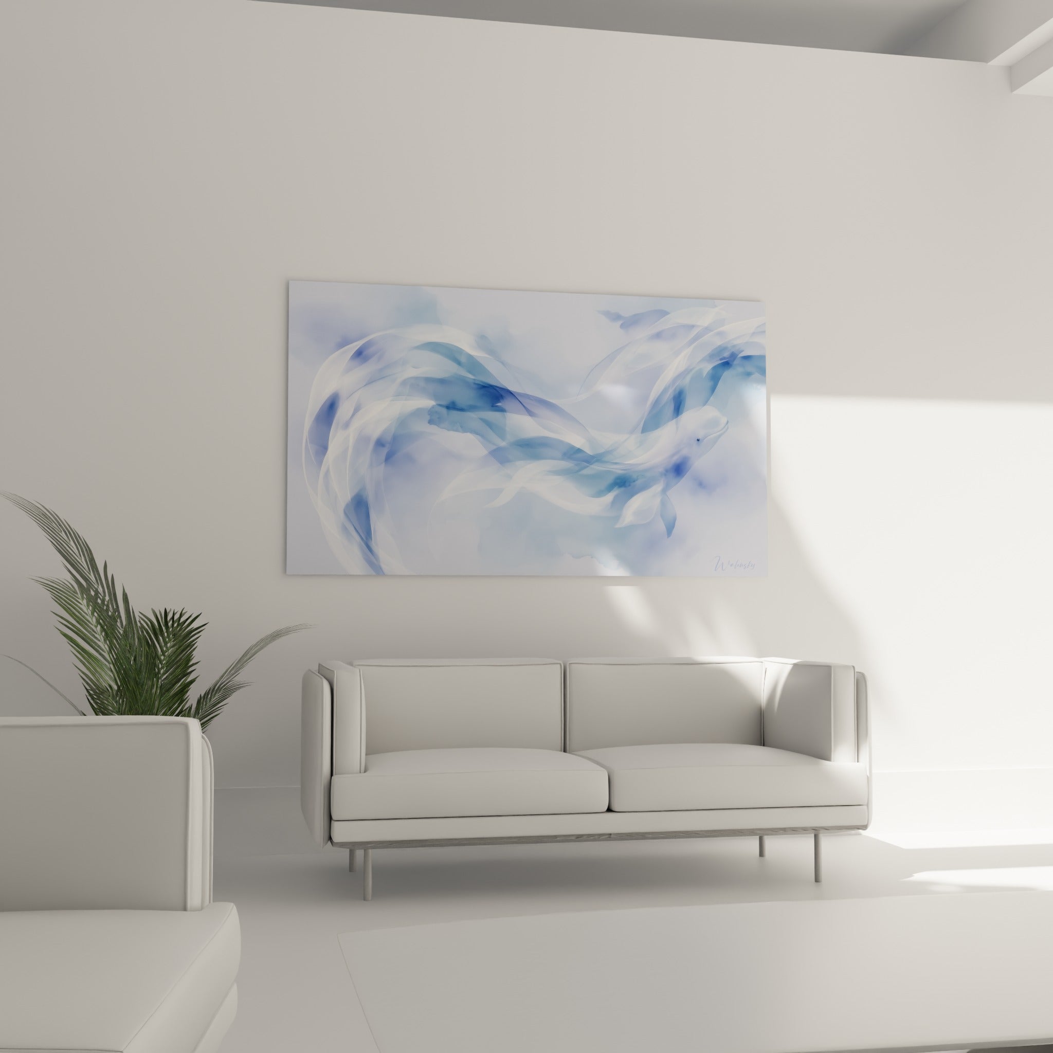 Mouvement gracieux du beluga entouré de bleu pastel et blanc immaculé, au-dessus d'un canapé dans un salon lumineux