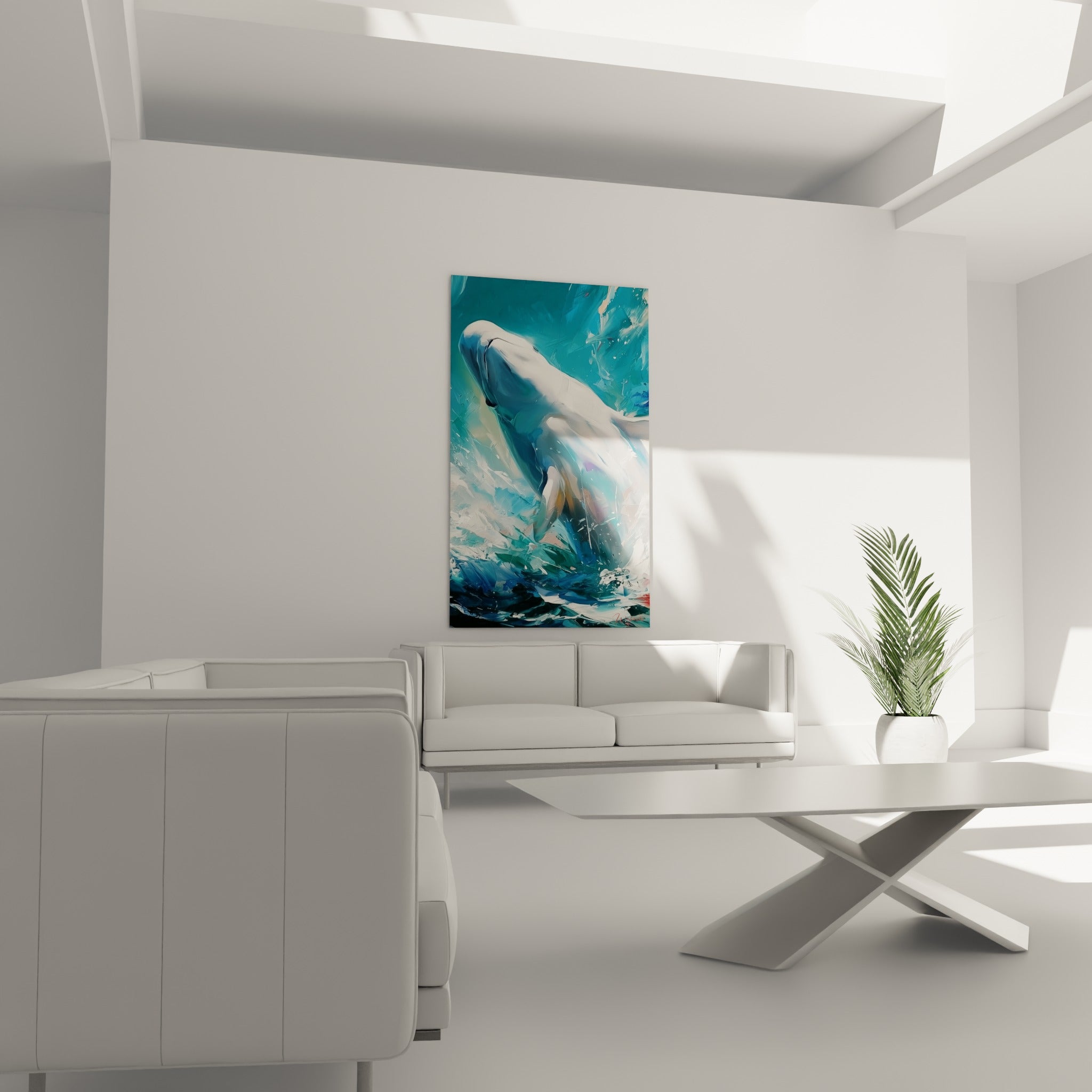 Silhouette blanche du beluga émergeant d'une écume bleu marine, au-dessus d'un canapé dans un salon lumineux