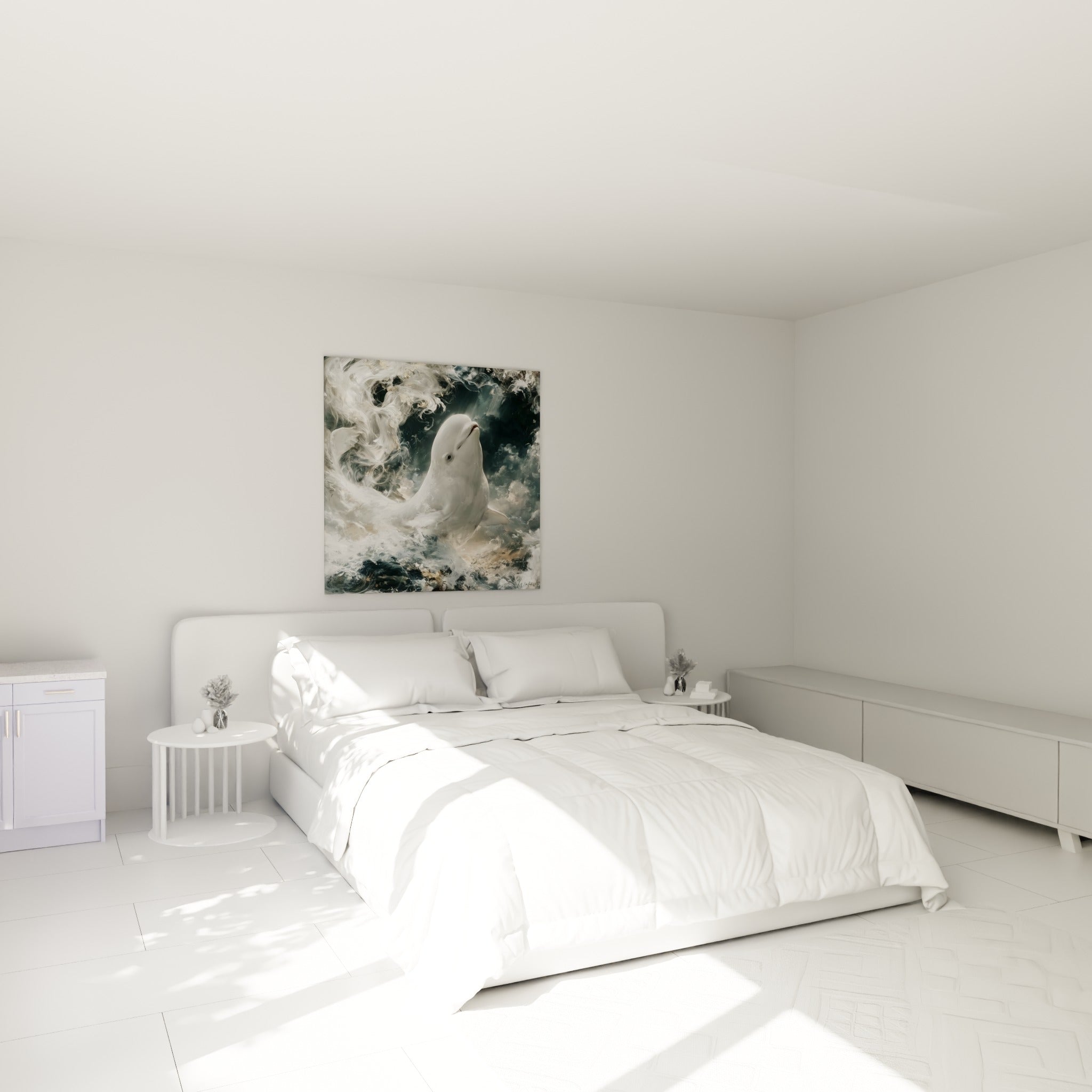 Beluga immaculé dans des remous bleu marine et dorés, accroché au-dessus d'un lit dans une chambre claire.