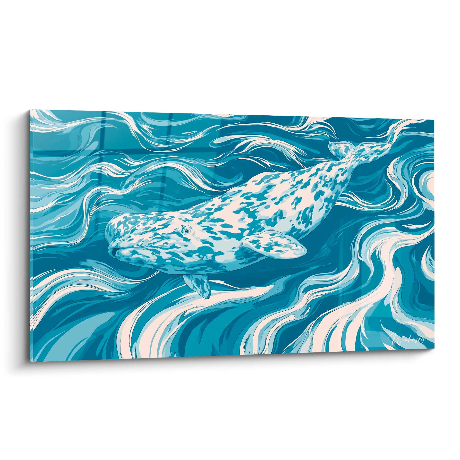 Beluga bleu marine et crème glissant dans des vagues graphiques tourbillonnantes sur toile