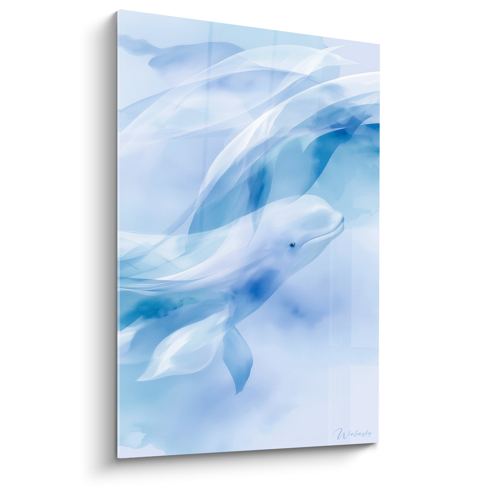 Beluga bleu marine et blanc glissant parmi des voiles aquarelle vaporeux et translucides