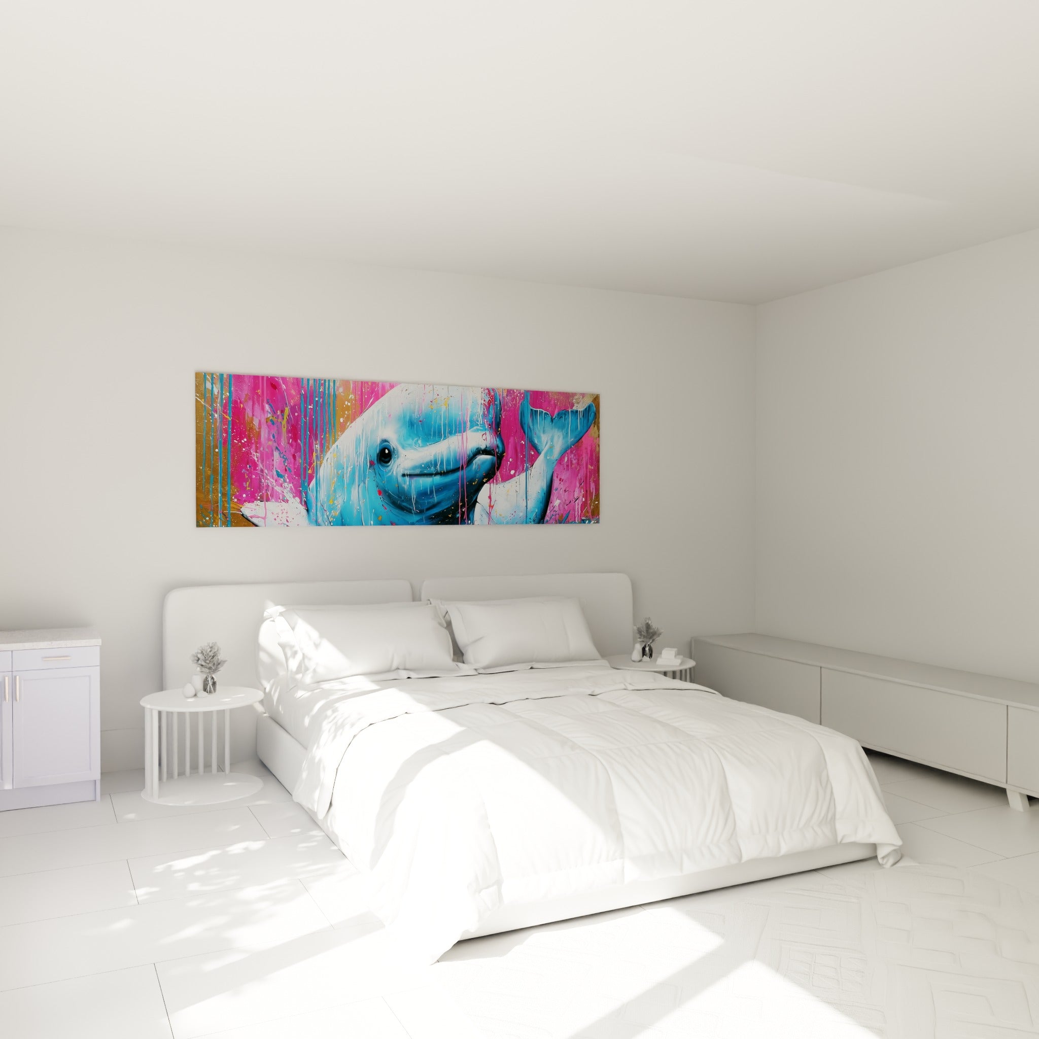 Silhouette de beluga bleu et rose fuchsia accrochée au-dessus d'un lit dans une chambre claire