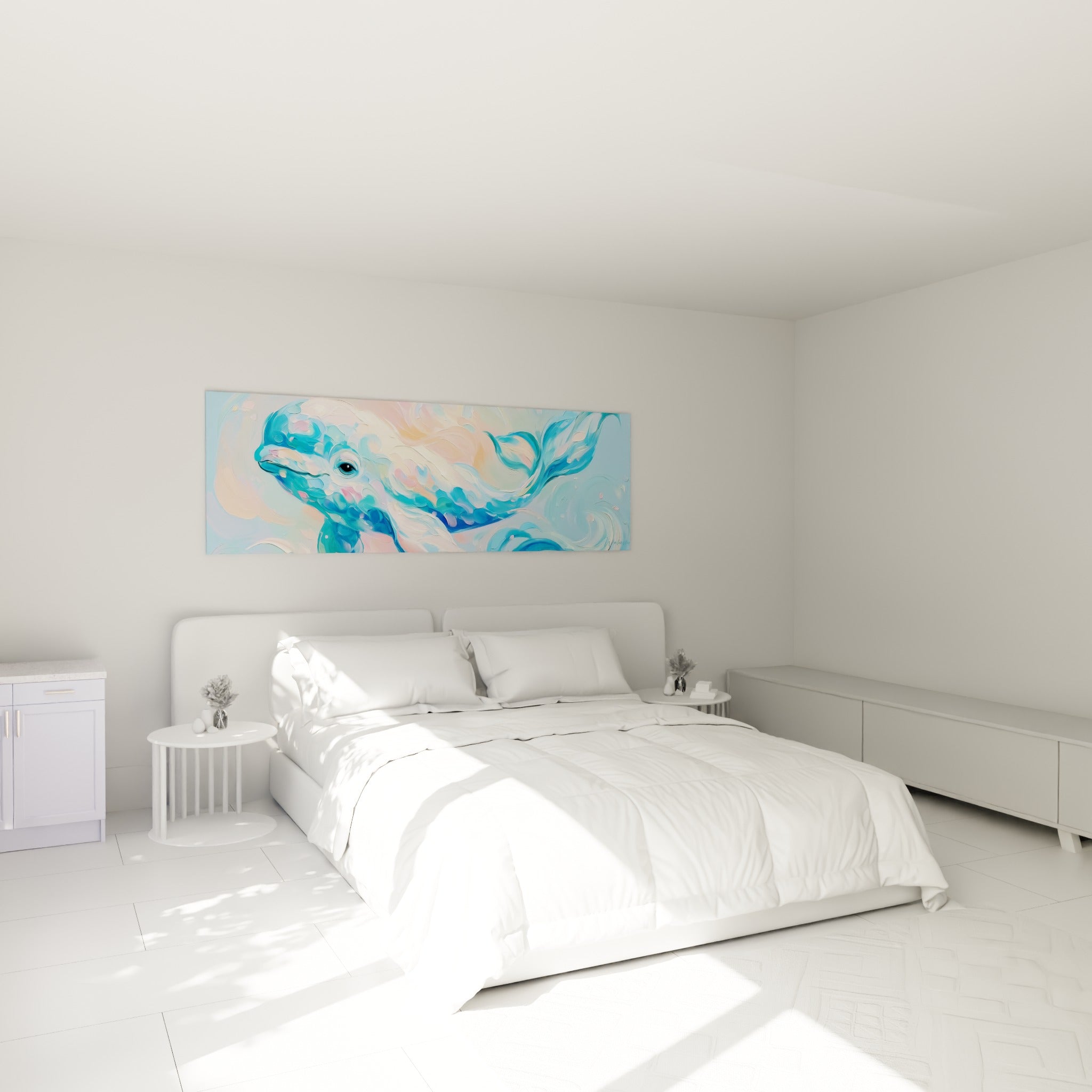Nage douce d'un beluga bleu turquoise et blanc cassé, accrochée au-dessus d'un lit dans une chambre claire