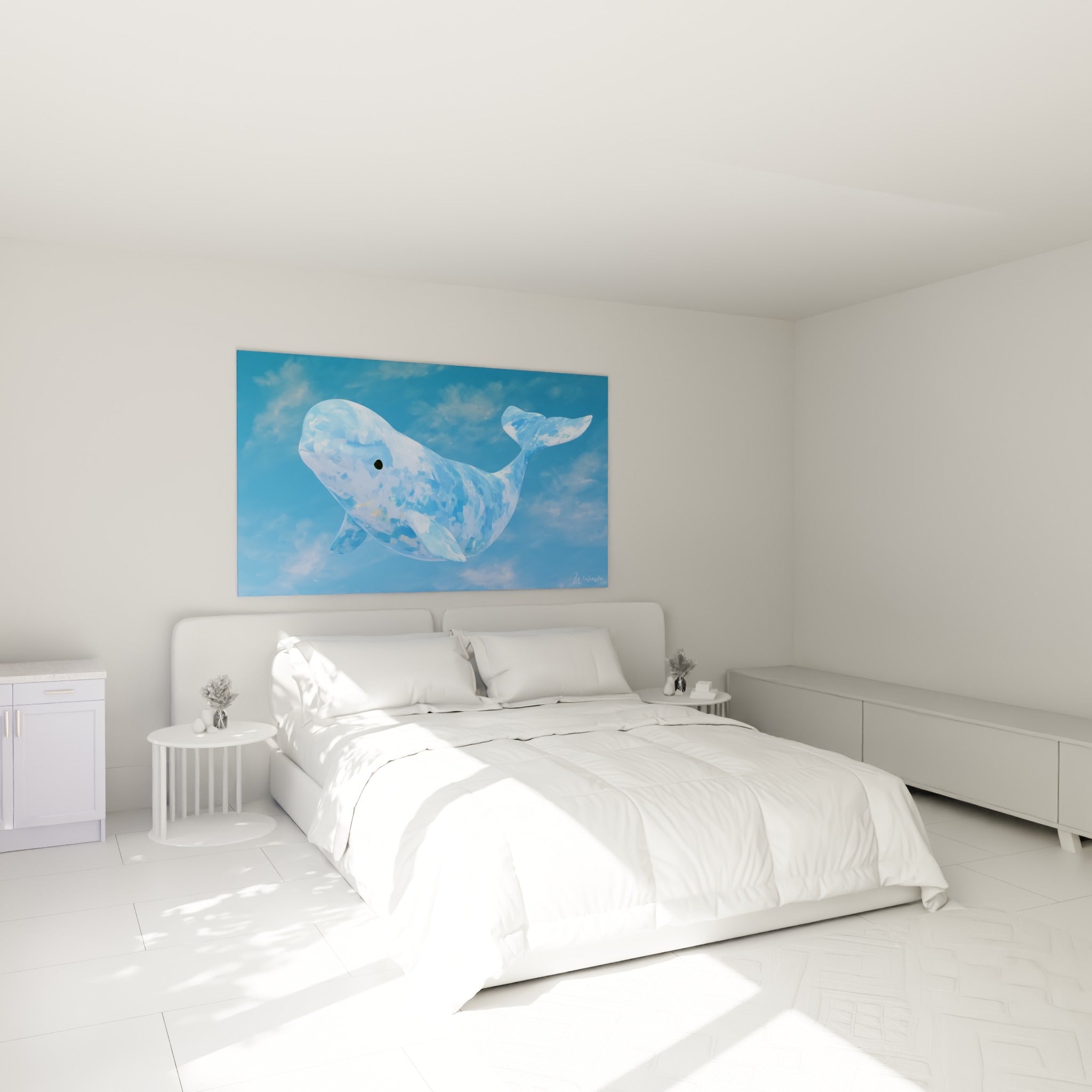 Silhouette de beluga bleu pastel et blanc laiteux au-dessus d'un lit dans une chambre claire