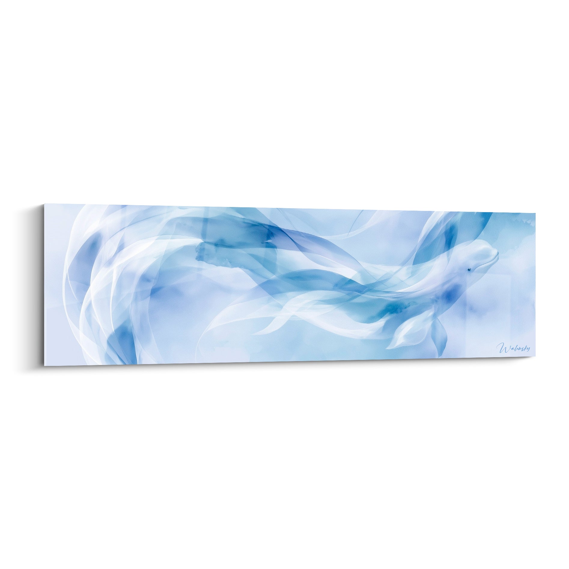 Beluga en nage fluide, voiles bleu pastel et blanc laiteux dans une composition abstraite horizontale