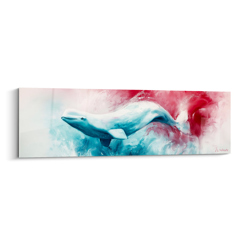 Tableau Beluga bleu poudré et rouge carmin nageant - Souffle marin - Edition Beluga