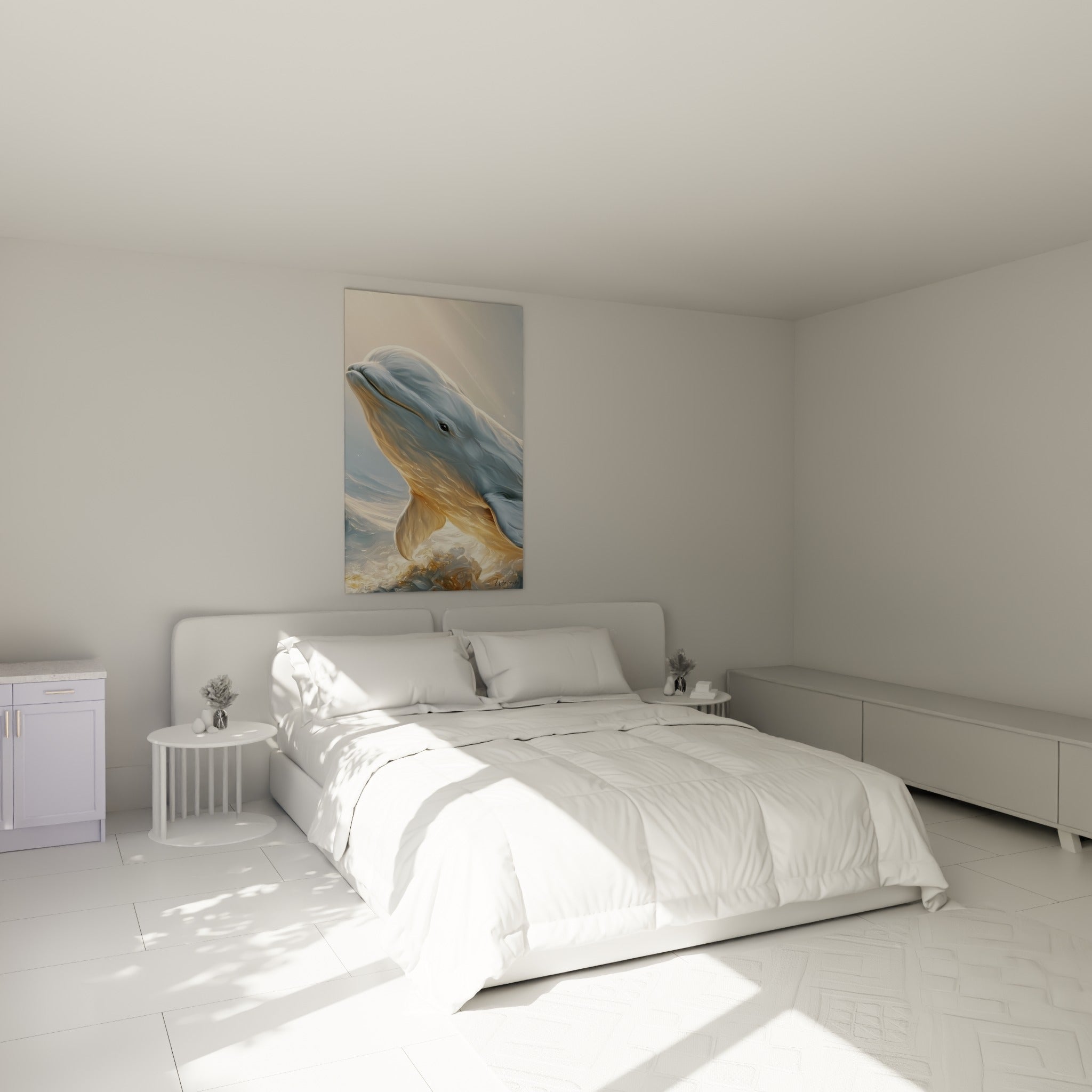 Beluga doré et blanc jaillissant des vagues, au-dessus d'un lit dans une chambre claire