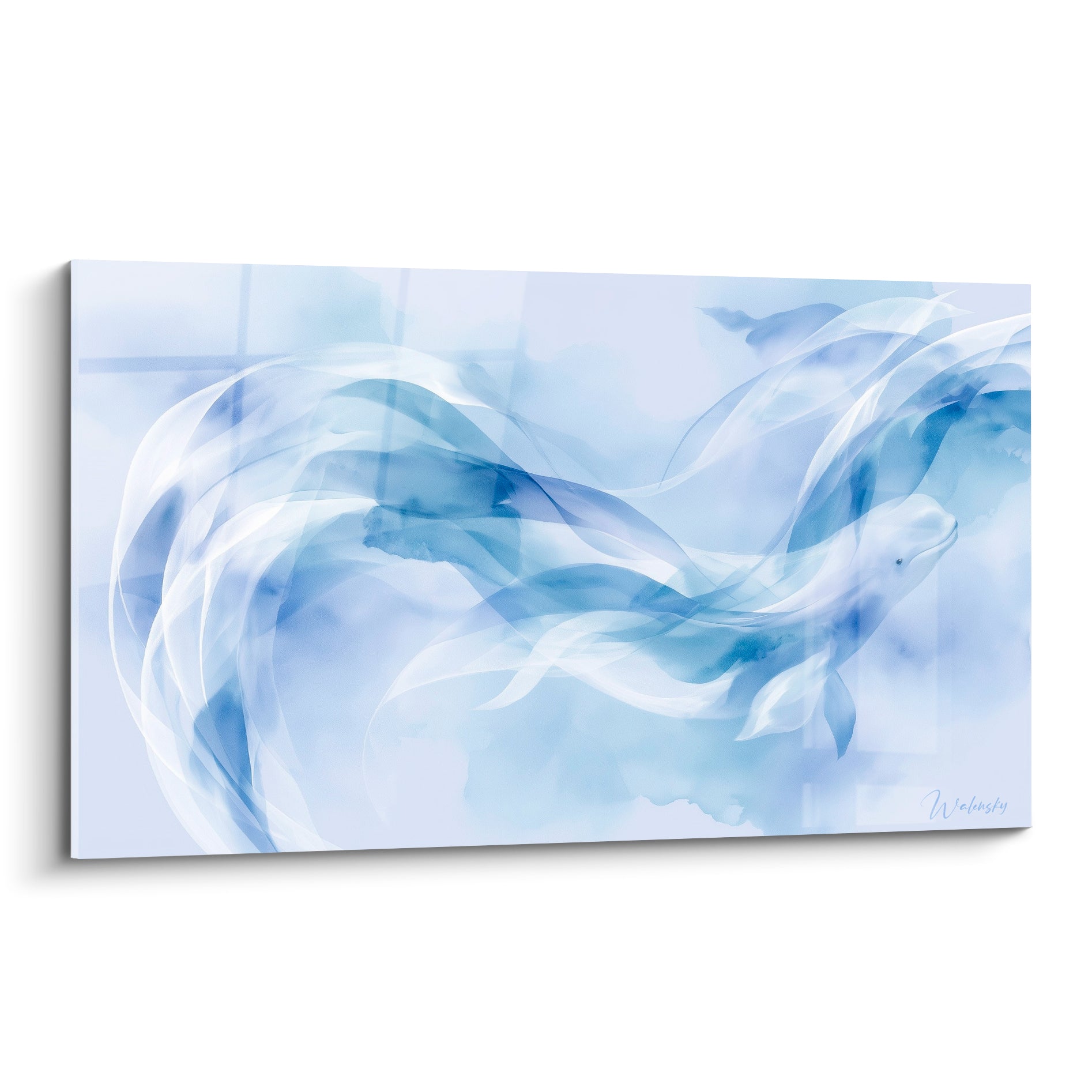 Beluga glissant parmi des voiles bleu pastel et blanc nacré, silhouette fondue dans la brume marine
