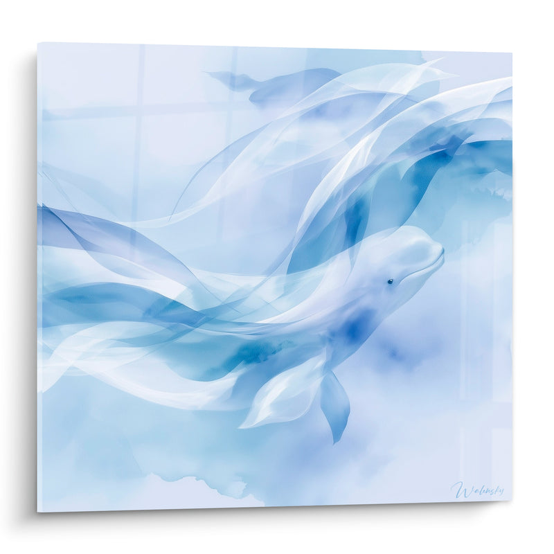 Tableau Beluga bleu pastel voiles translucides - Nage silencieuse - Edition Beluga