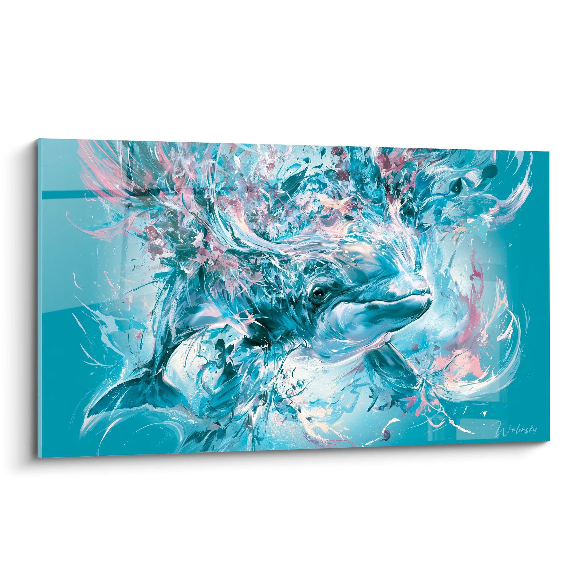 Beluga bleu poudré et rose pâle jaillissant d'un tourbillon d'écume peinte, museau levé