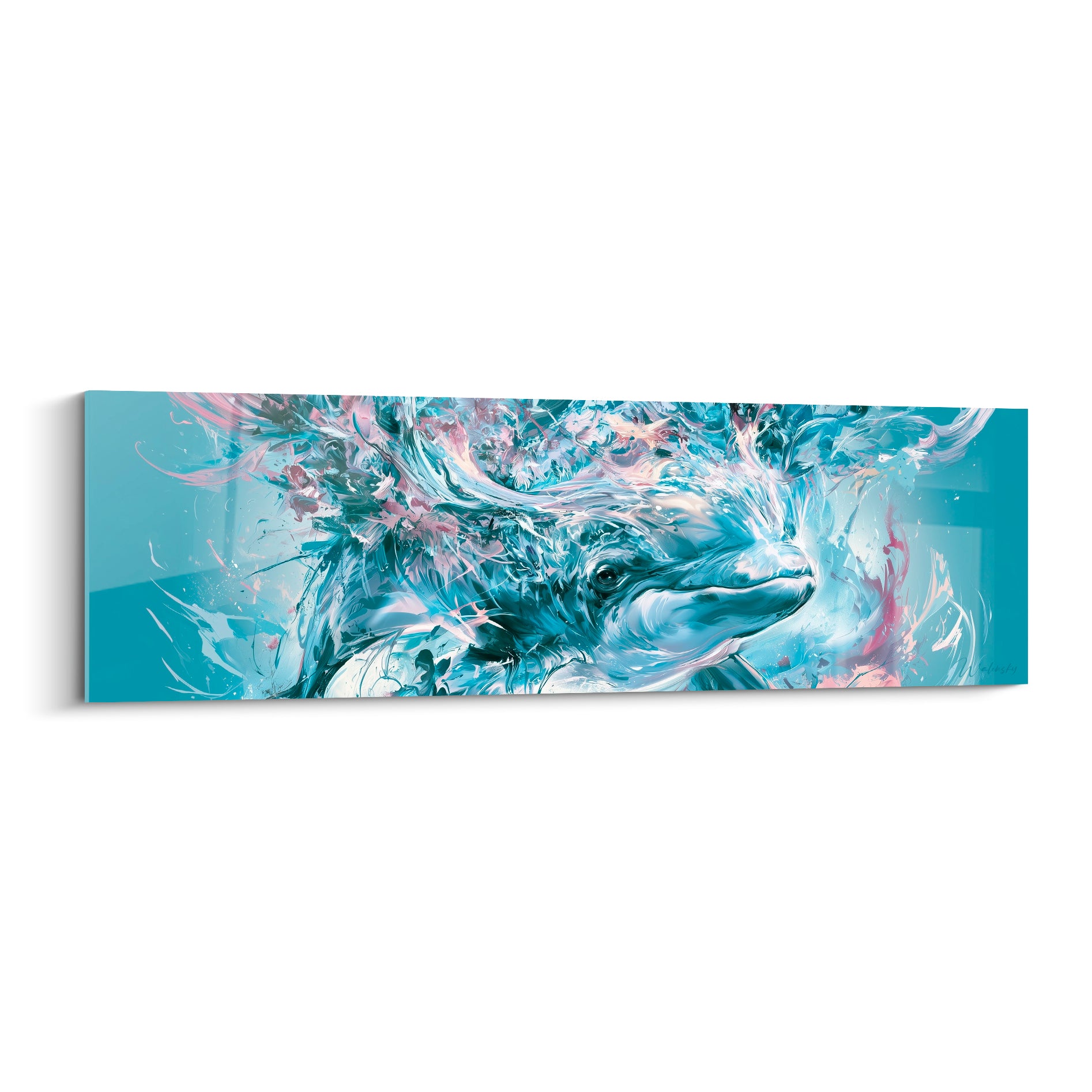 Beluga en gros plan, bleu poudré et rose pastel, tourbillon d'éclaboussures picturales anthracite