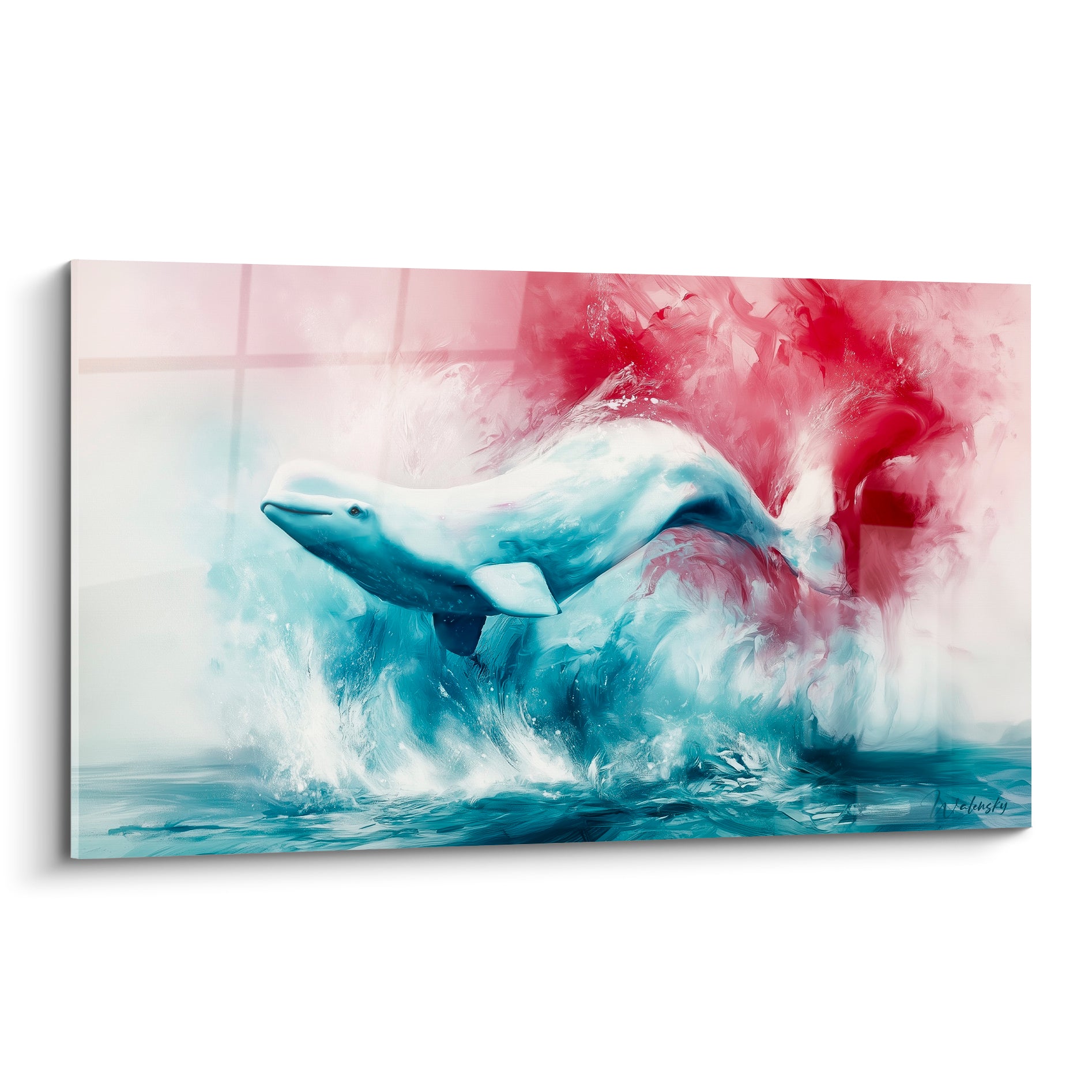 Beluga bleu poudré jaillit de l'eau, éclaboussures blanches et fond rouge carmin en fusion