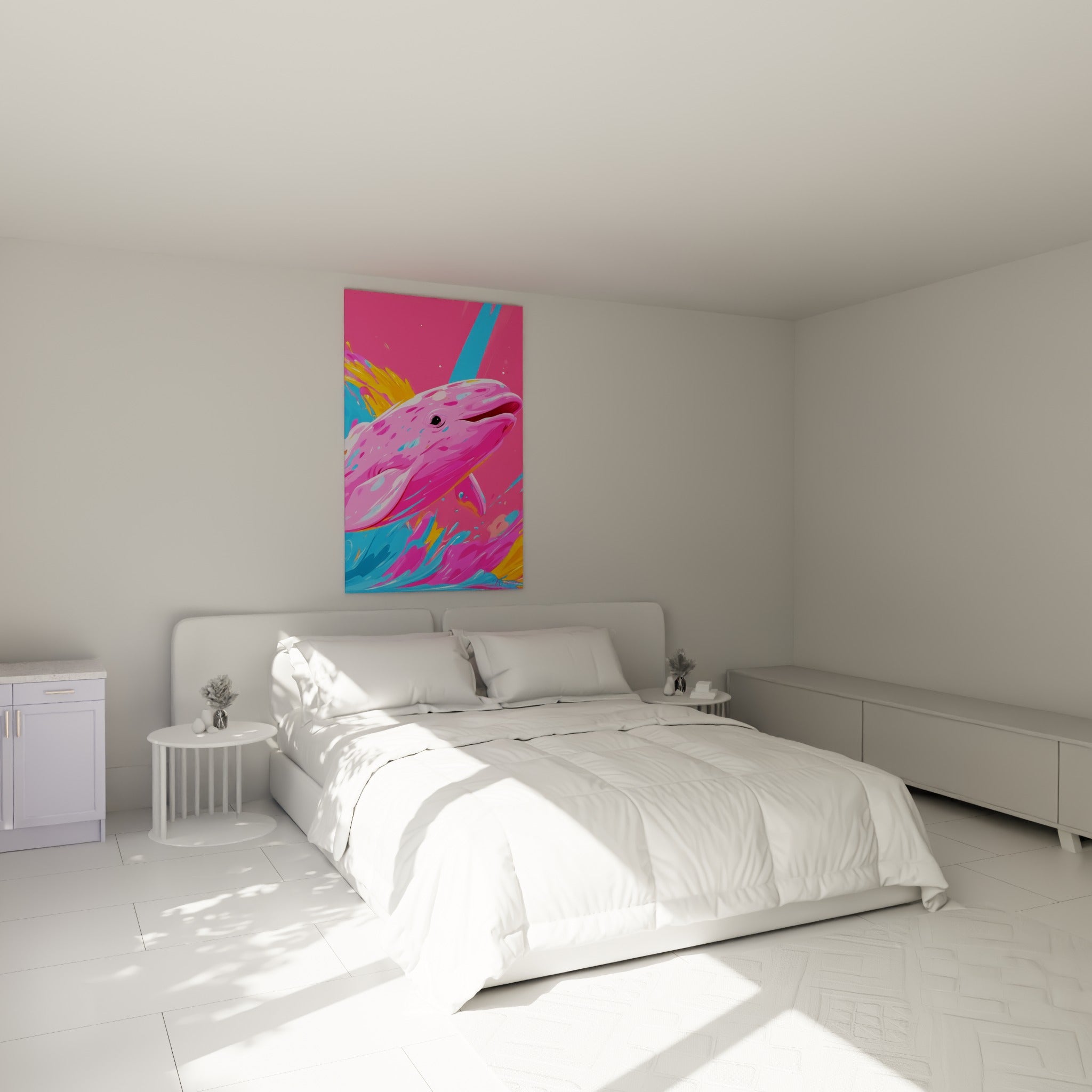 Beluga fuchsia et bleu électrique accroché au-dessus d'un lit dans une chambre claire