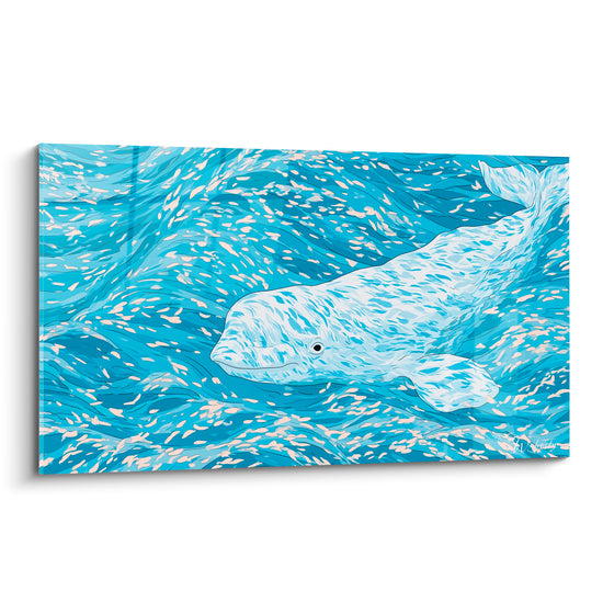 Beluga blanc nacré nageant dans des vagues bleu turquoise et bleu profond stylisées