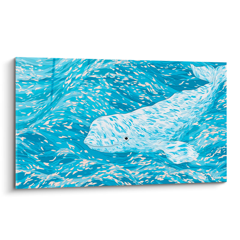 Tableau Beluga blanc et bleu turquoise nage entre écumes - Reflets scintillants - Edition Beluga