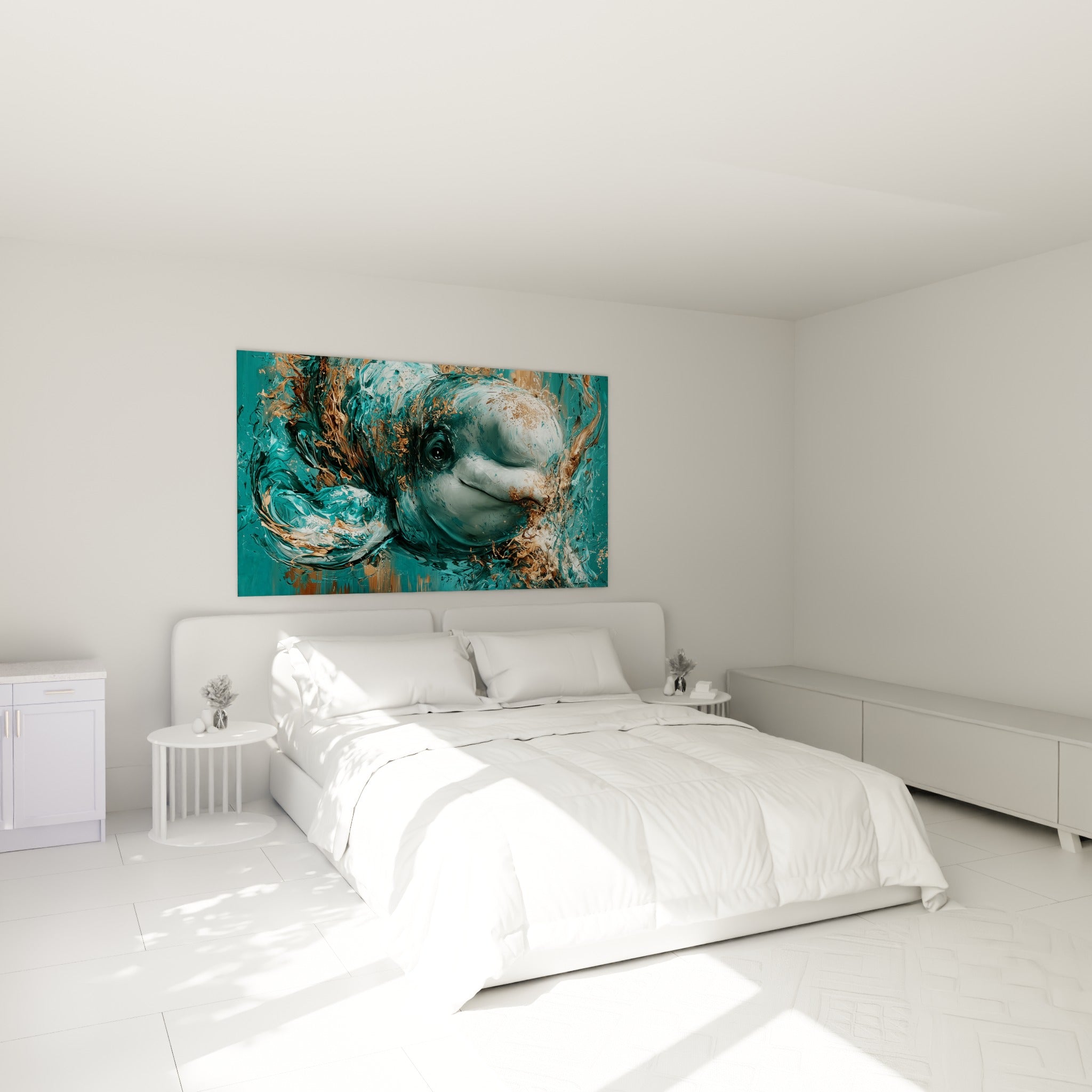 Créature marine blanche et bleu-vert aux reflets cuivrés, accrochée au-dessus d'un lit dans une chambre claire