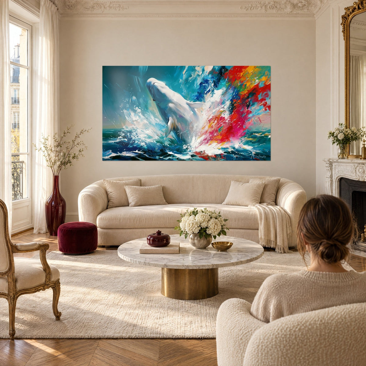 Quadro di una beluga bianca che balza dalla schiuma turchese, schizzi rosso vivo e arancio, sopra un divano in un soggiorno luminoso