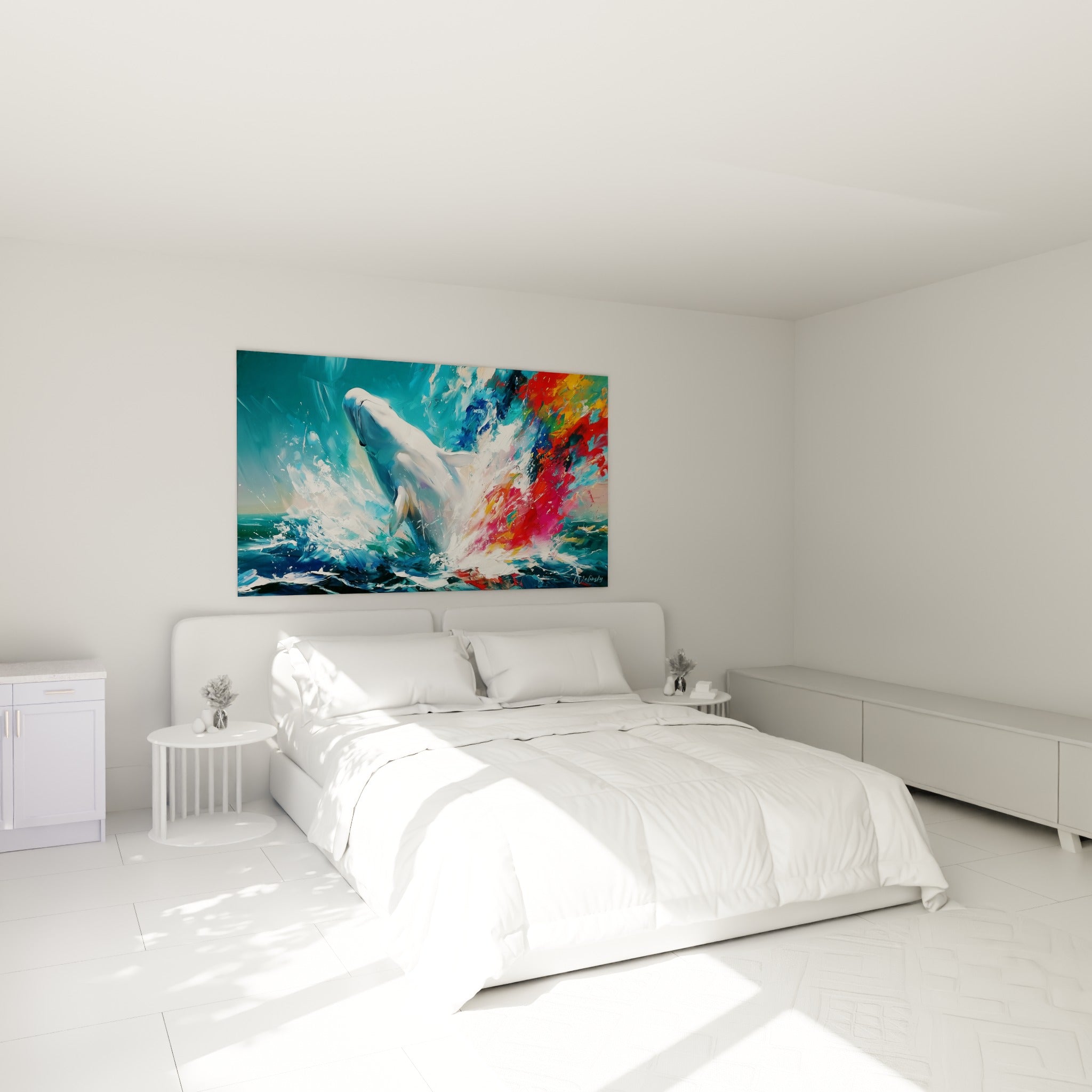 Silhouette blanche du Beluga surgissant d'éclats rouges et turquoise, au-dessus d'un lit dans une chambre claire