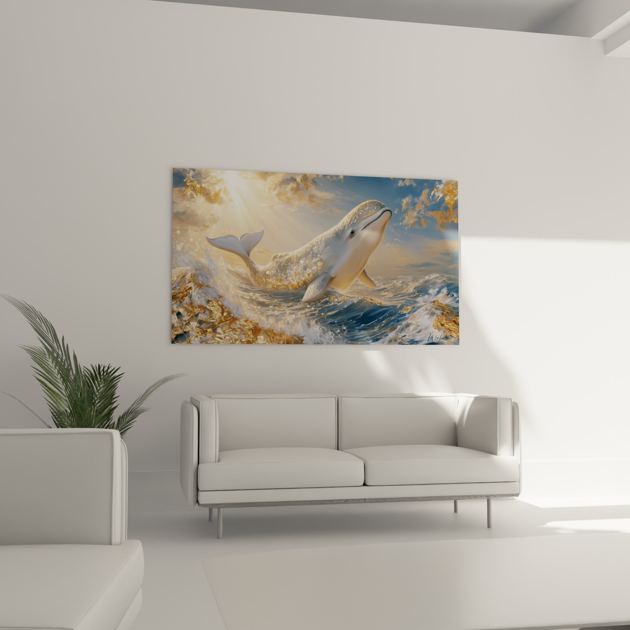 Silhouette blanche du beluga traversant des vagues dorées et bleutées, au-dessus d'un canapé dans un salon lumineux