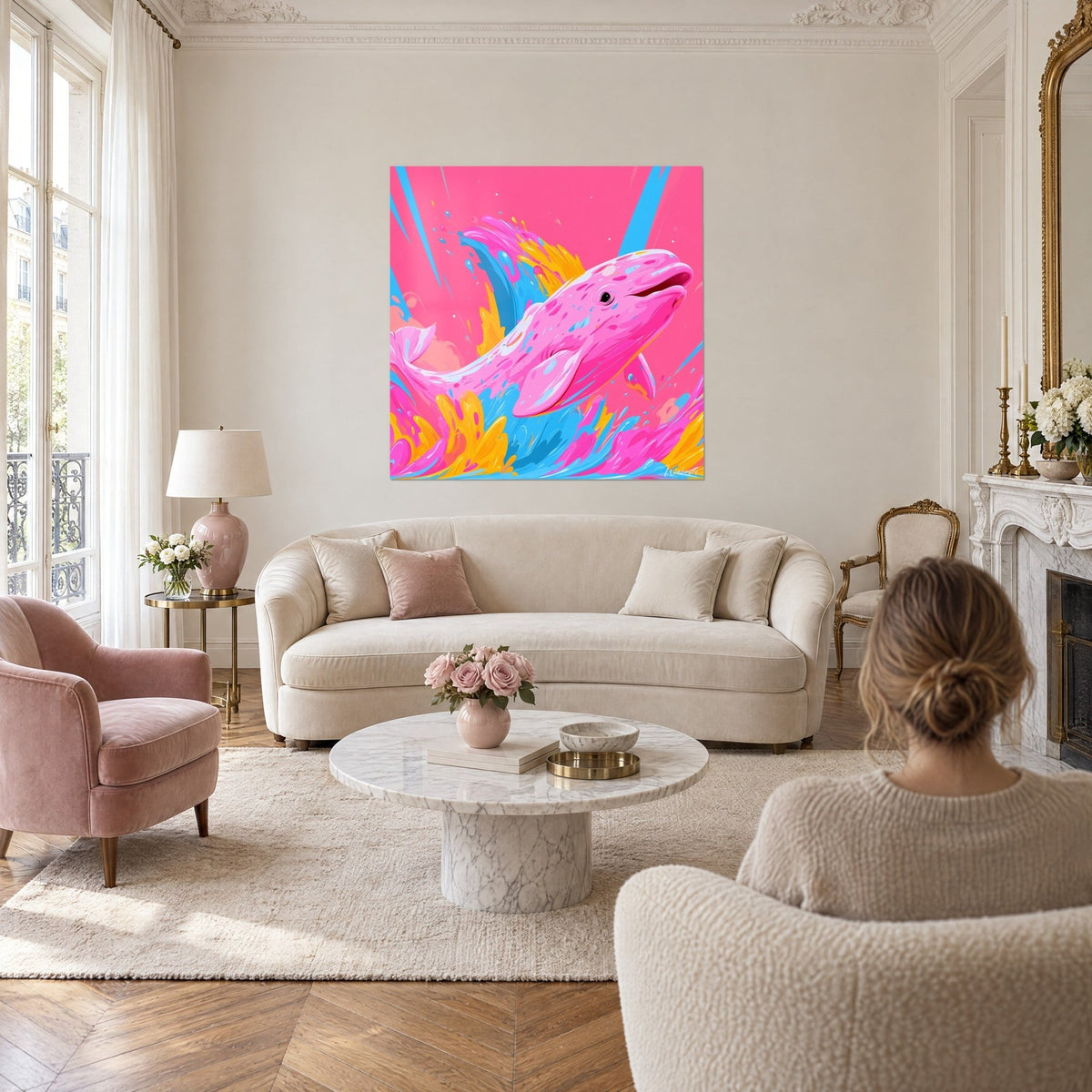 Quadro di un cetaceo rosa fucsia che balza tra onde azzurro cielo e giallo dorato, sopra un divano in un soggiorno luminoso