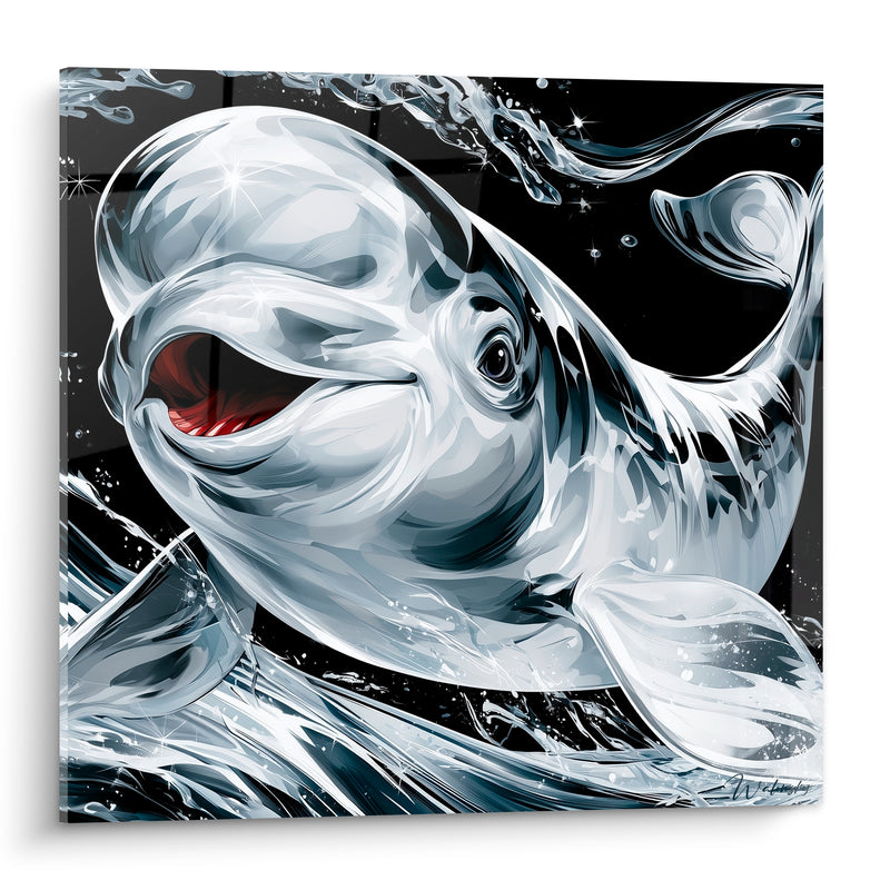 Tableau Beluga noir et blanc bouche rouge éclaboussures - Cri des flots - Edition Beluga