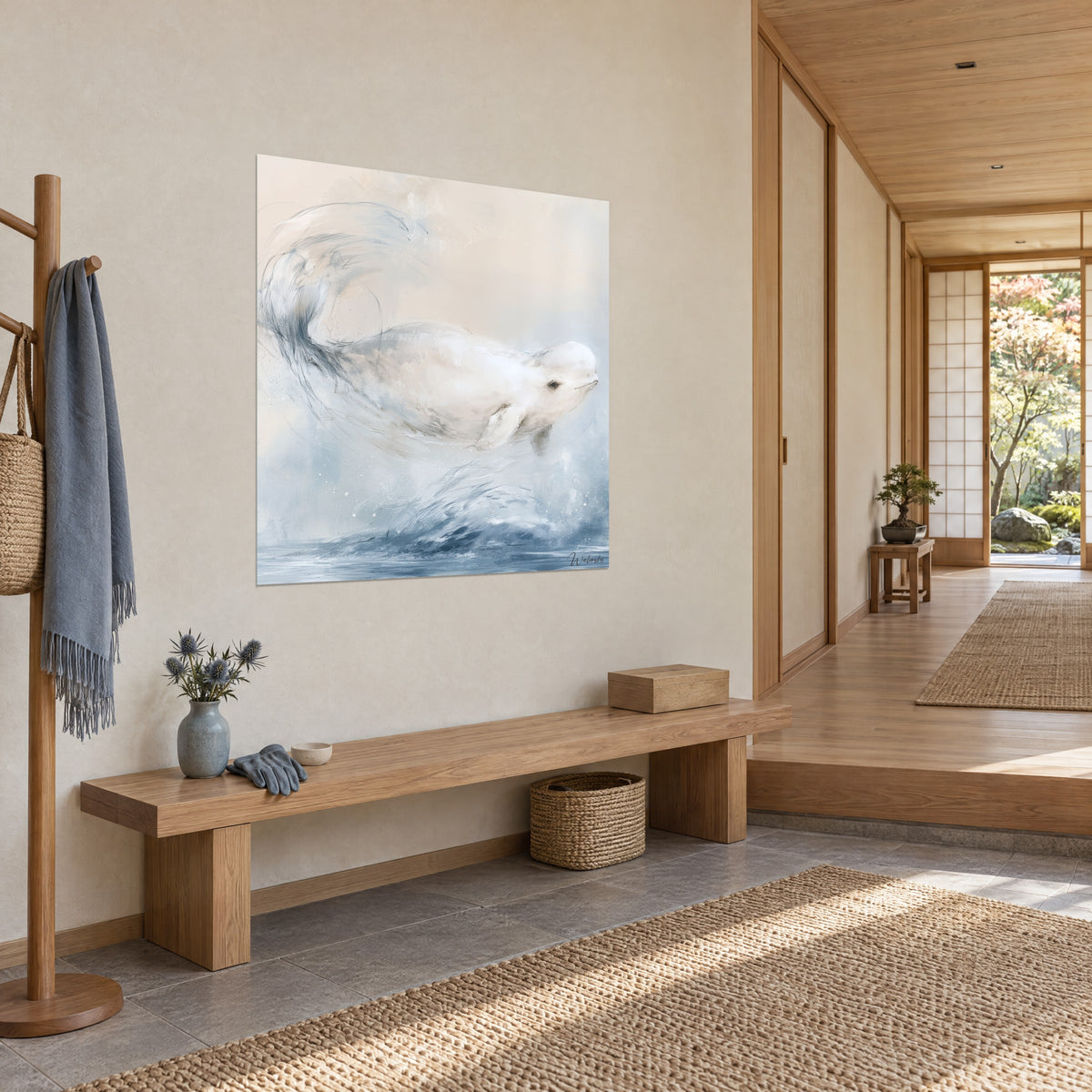 Schilderij van een witte walvis die door het schuim buigt, ronde snuit en zwart oog, grijsblauwe en beige nevel, houten japandi gang