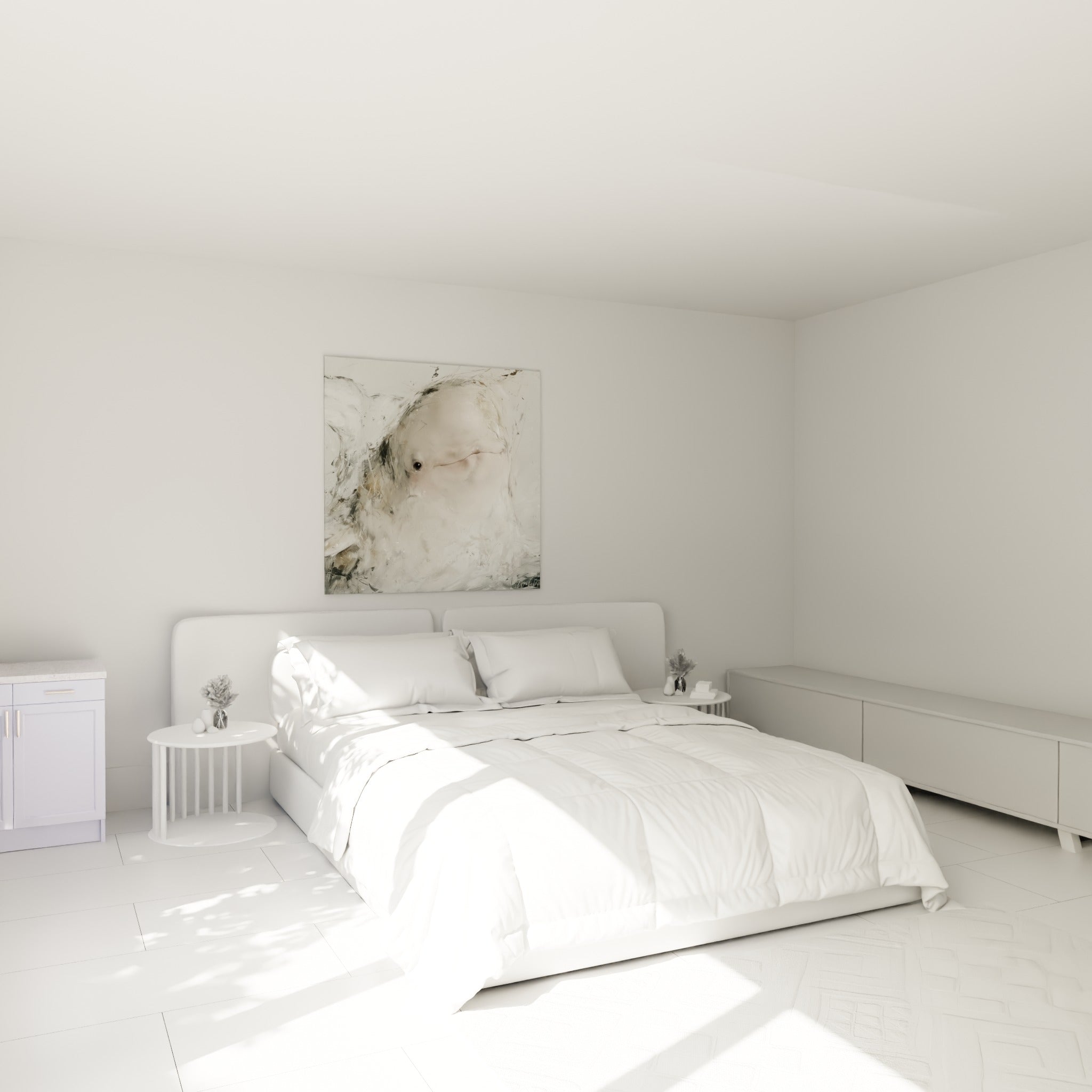 Beluga blanc et anthracite aux empâtements texturés, au-dessus d'un lit dans une chambre claire