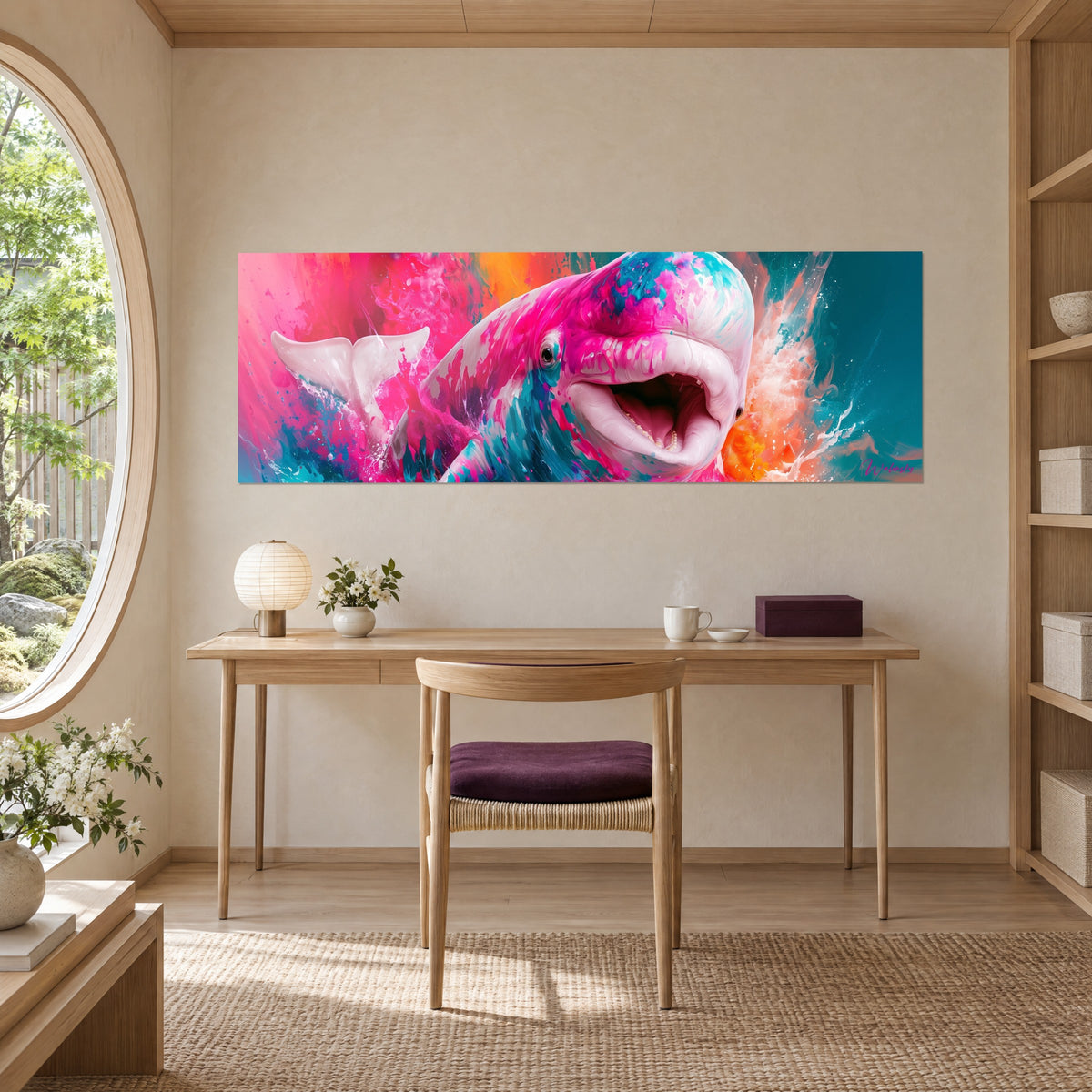 Tableau gros cétacé souriant aux traînées magenta et cyan, aplat orange à droite, au-dessus d'un bureau en bois clair