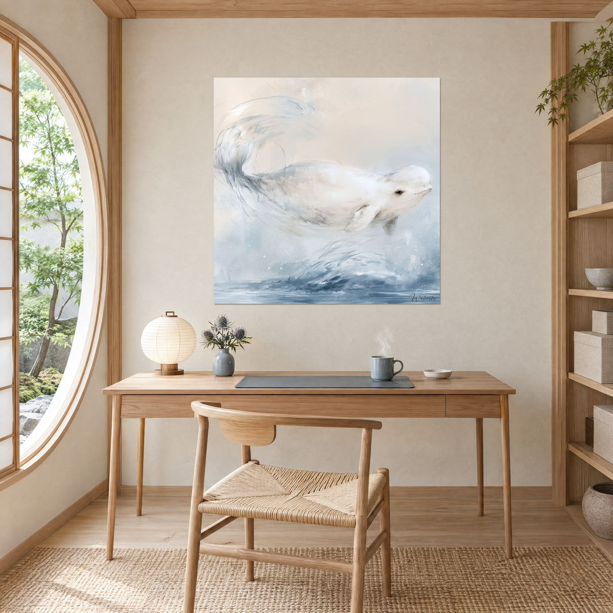 Schilderij van een beluga midden in een sprong, bleke vin en staalblauwe kielzog op beige ondergrond, muur van een lichte houten kantoor naast een ronde raam