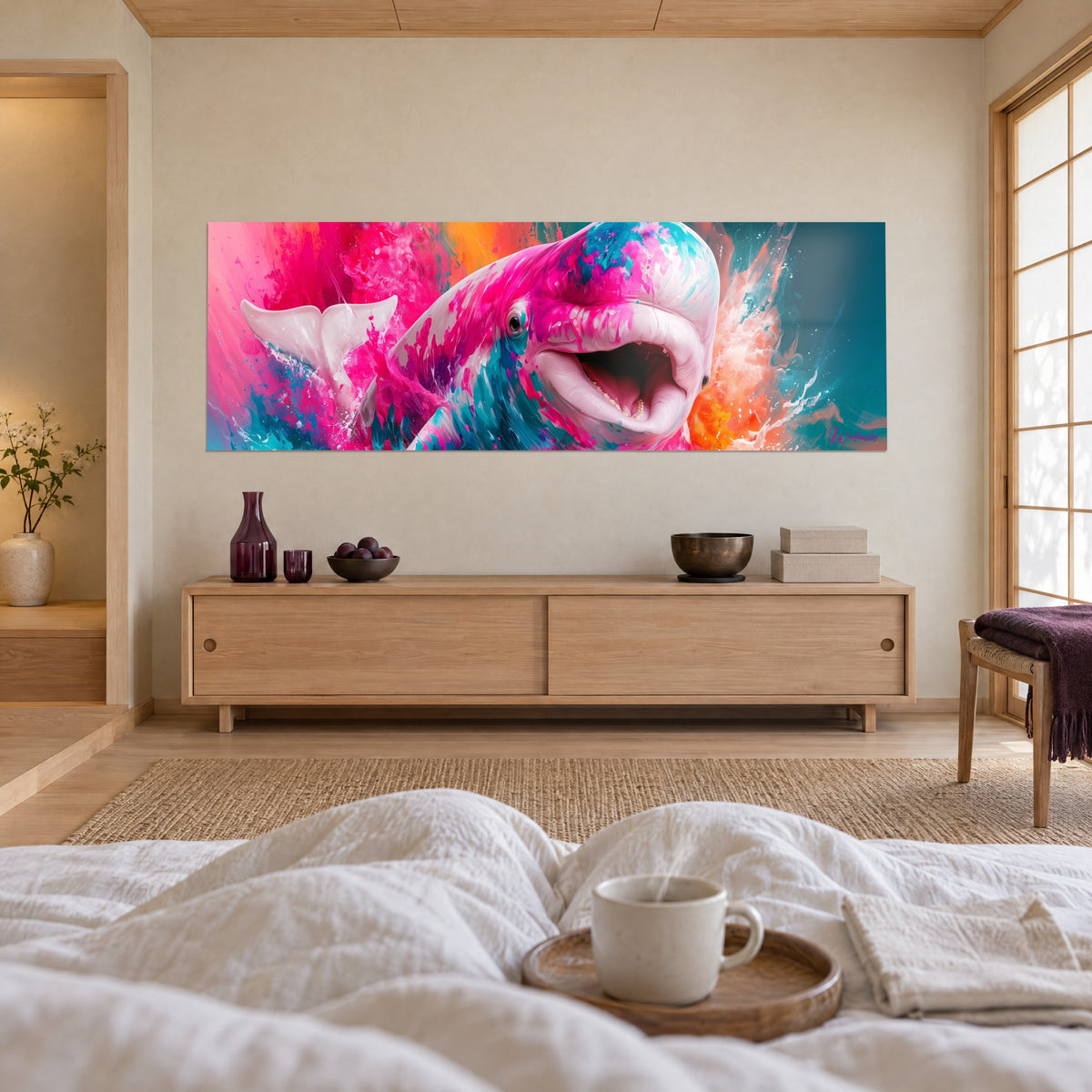 Tableau mammifère marin blanc éclaboussé de fuchsia et d'orange, œil noir rieur, au-dessus d'un lit dans une chambre claire
