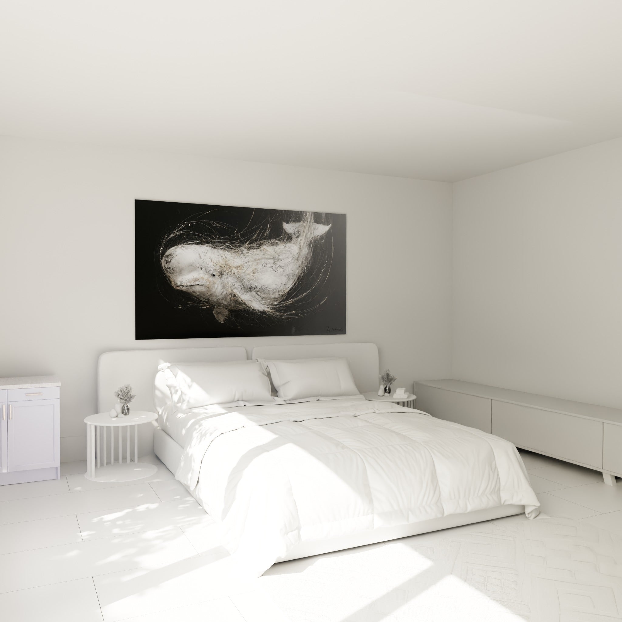 Cétacé blanc et doré traversant l'obscurité, accroché au-dessus d'un lit dans une chambre claire