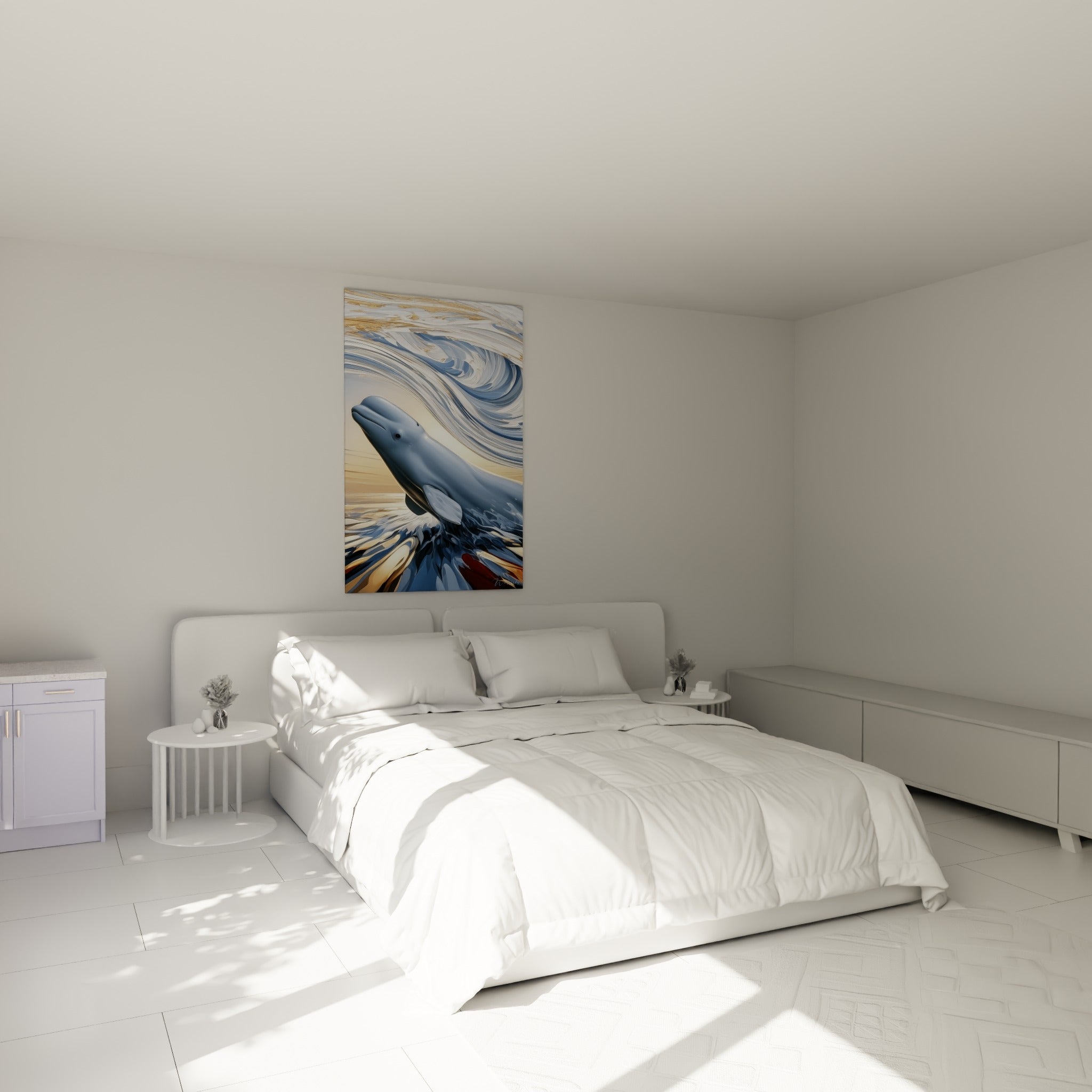 Beluga ardoise et or en plein élan, accroché au-dessus d'un lit dans une chambre claire