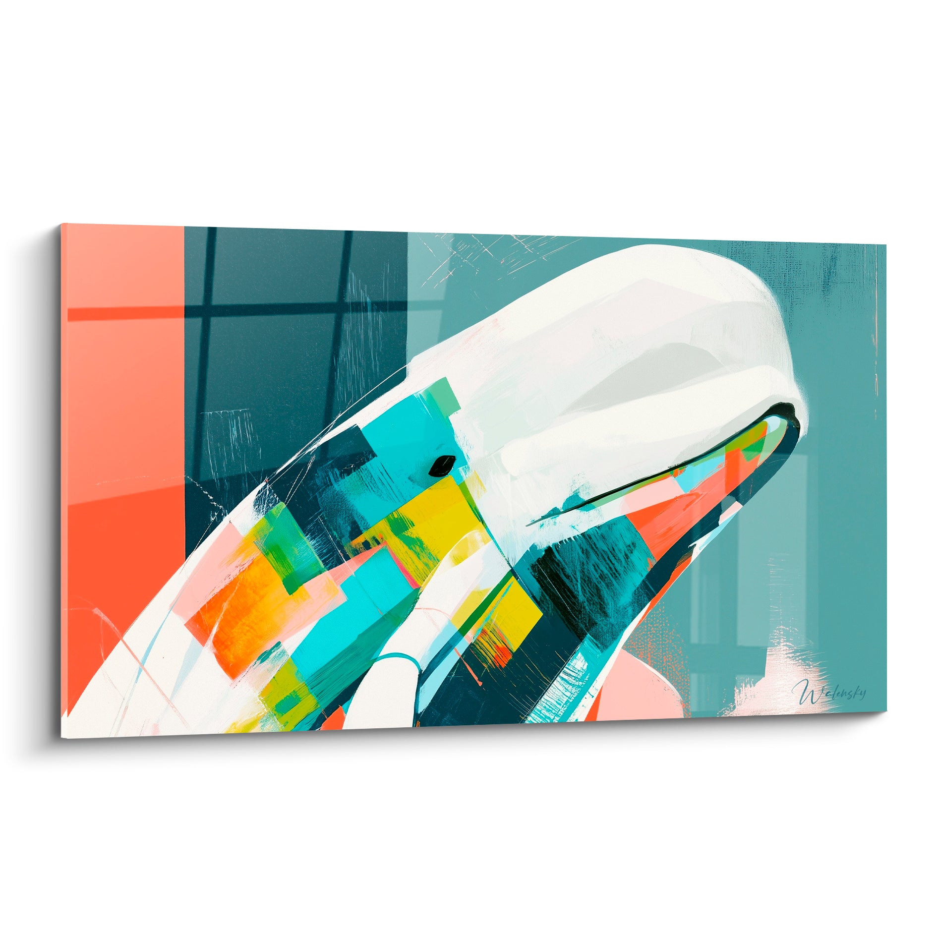 Beluga blanc à la silhouette géométrique corail, turquoise et jaune moutarde, style collage pictural moderne