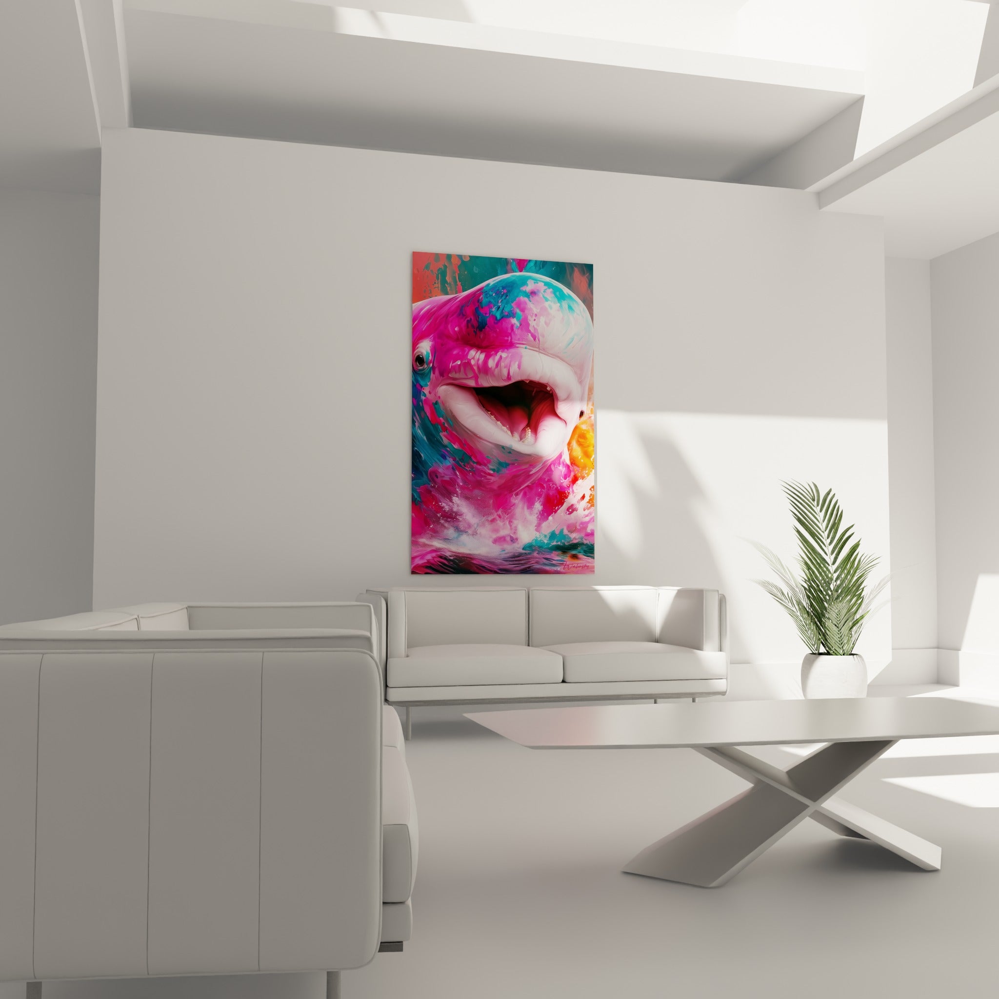 Beluga fuchsia et orange saisi en plein élan, accroché au-dessus d'un canapé dans un salon lumineux
