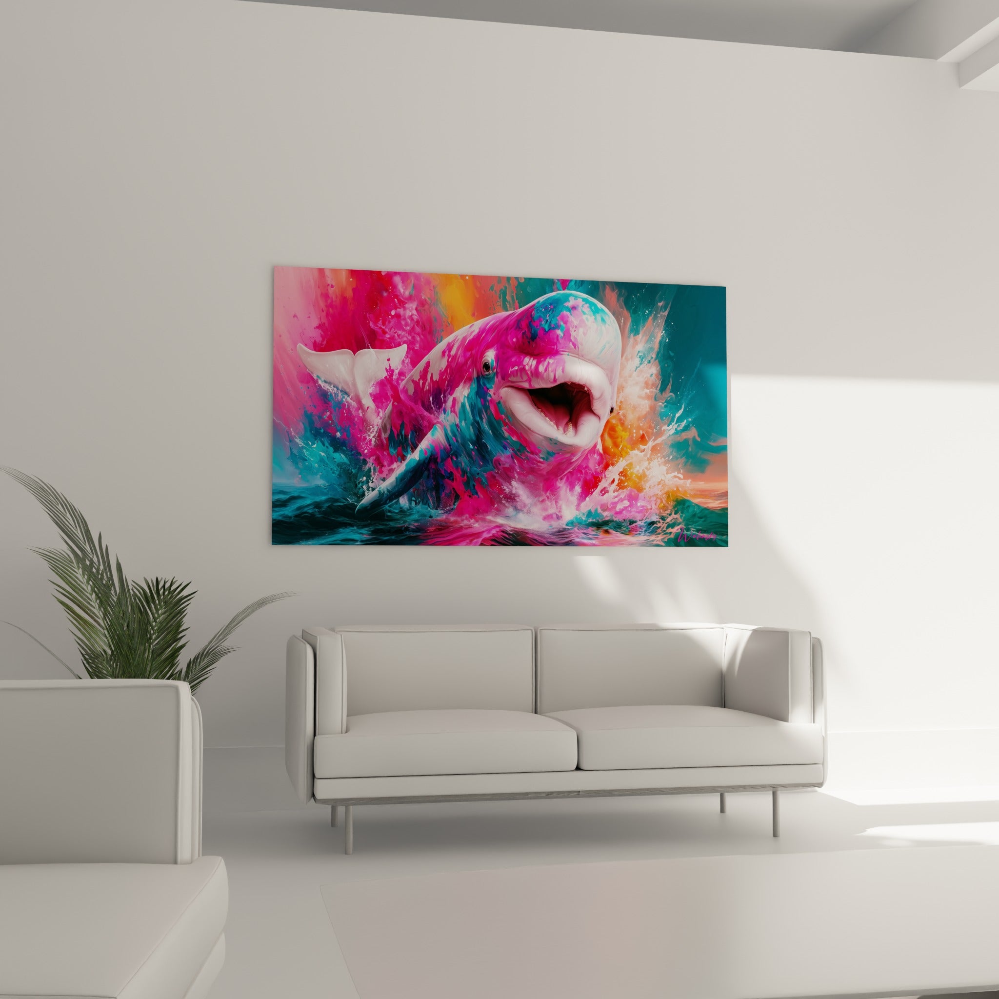 Mammifère marin rose et bleu émergeant de l'écume, disposé au-dessus d'un canapé dans un salon lumineux