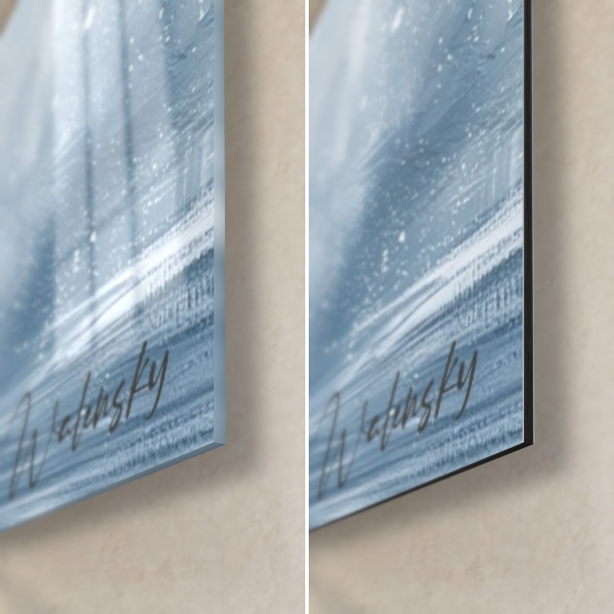 Schilderij van een ivoorkleurig zeezoogdier in een wolk van zeespray, rechtsonder, Walensky-signatuur, glanzend glas links, mat Dibond rechts